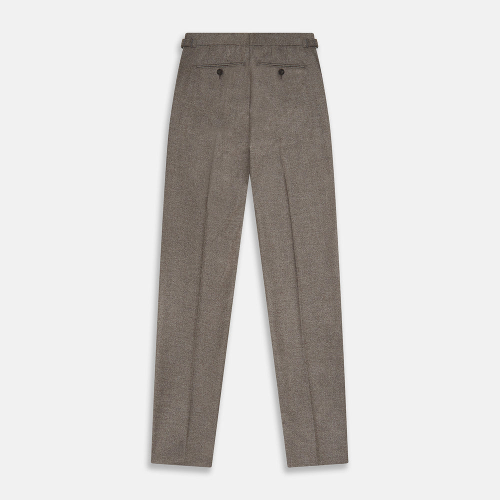 The Stone Henry Trousers by Turnbull & Asser, in a wool-cashmere blend, feature pleats, a button closure, belt loops, and straight legs, shown laid flat on a white background.