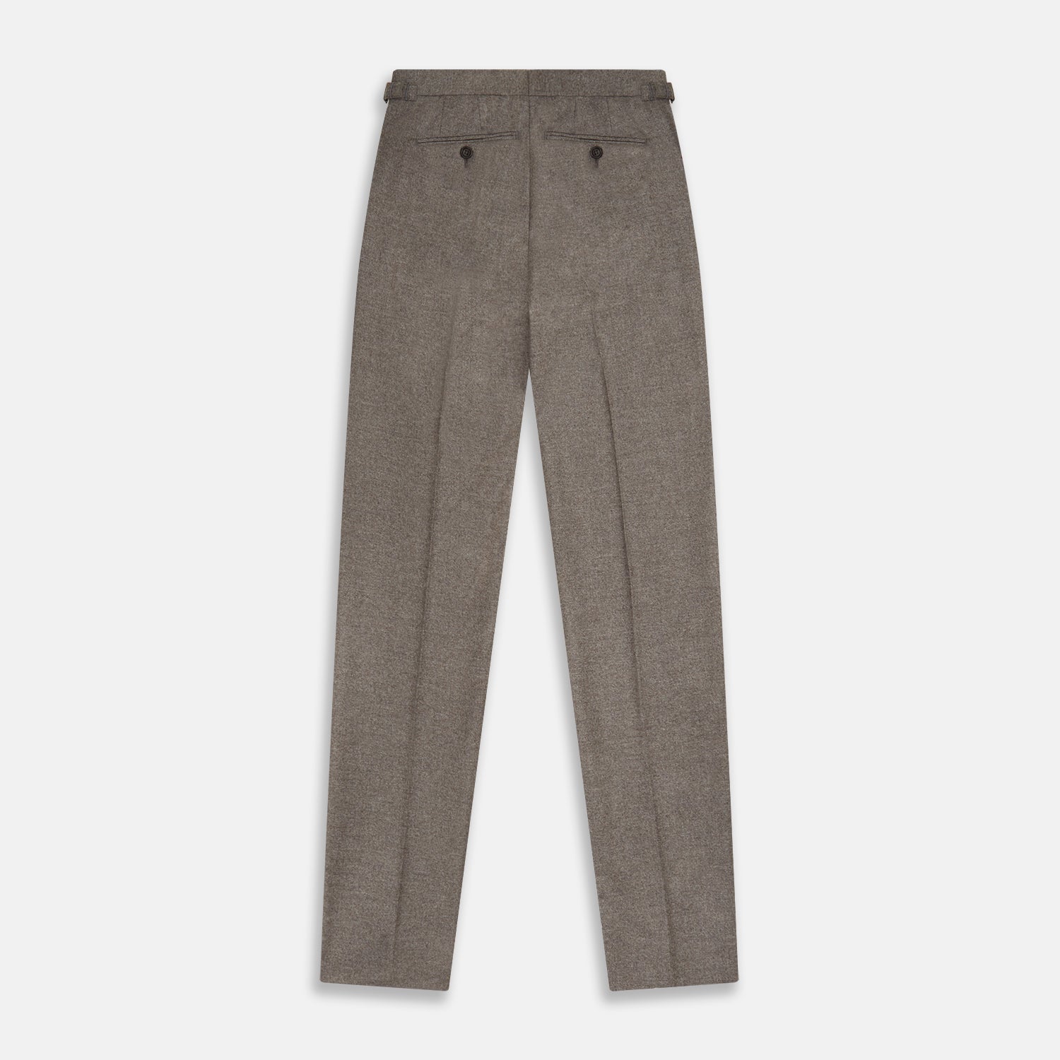 View 5 of product The Stone Henry Trousers by Turnbull & Asser, in a wool-cashmere blend, feature pleats, a button closure, belt loops, and straight legs, shown laid flat on a white background.