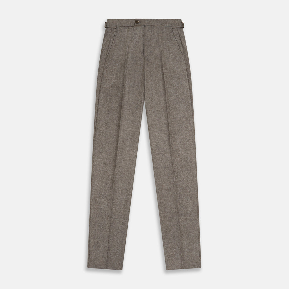 The Stone Henry Trousers by Turnbull & Asser, in a wool-cashmere blend, feature pleats, a button closure, belt loops, and straight legs, shown laid flat on a white background.