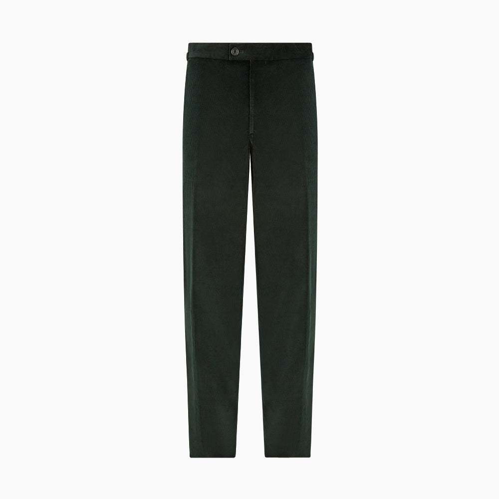 The Dark Green Corduroy Henry Trousers by Turnbull & Asser feature a straight-leg cut, front fly, waistband with belt loops, and button closure—perfect for sophisticated formal looks.