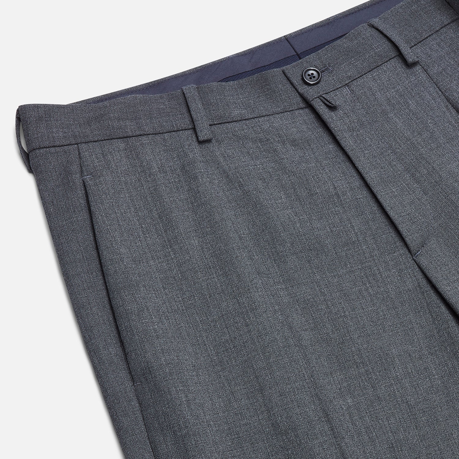 View 2 of product A pair of Turnbull & Asser Grey Rupert Trousers in tailored wool, with belt loops, button closure, and straight legs, displayed against a plain white background.