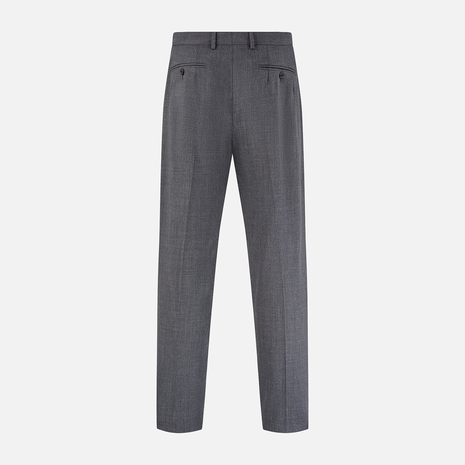 View 3 of product A pair of Turnbull & Asser Grey Rupert Trousers in tailored wool, with belt loops, button closure, and straight legs, displayed against a plain white background.