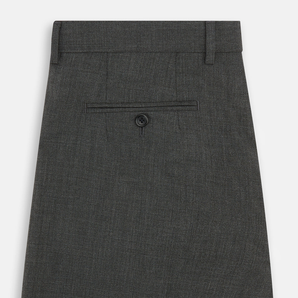 The Turnbull & Asser Charcoal Rupert Trousers, crafted from wool and cashmere with belt loops, button closure, and a slim tailored fit, are shown against a plain white background.