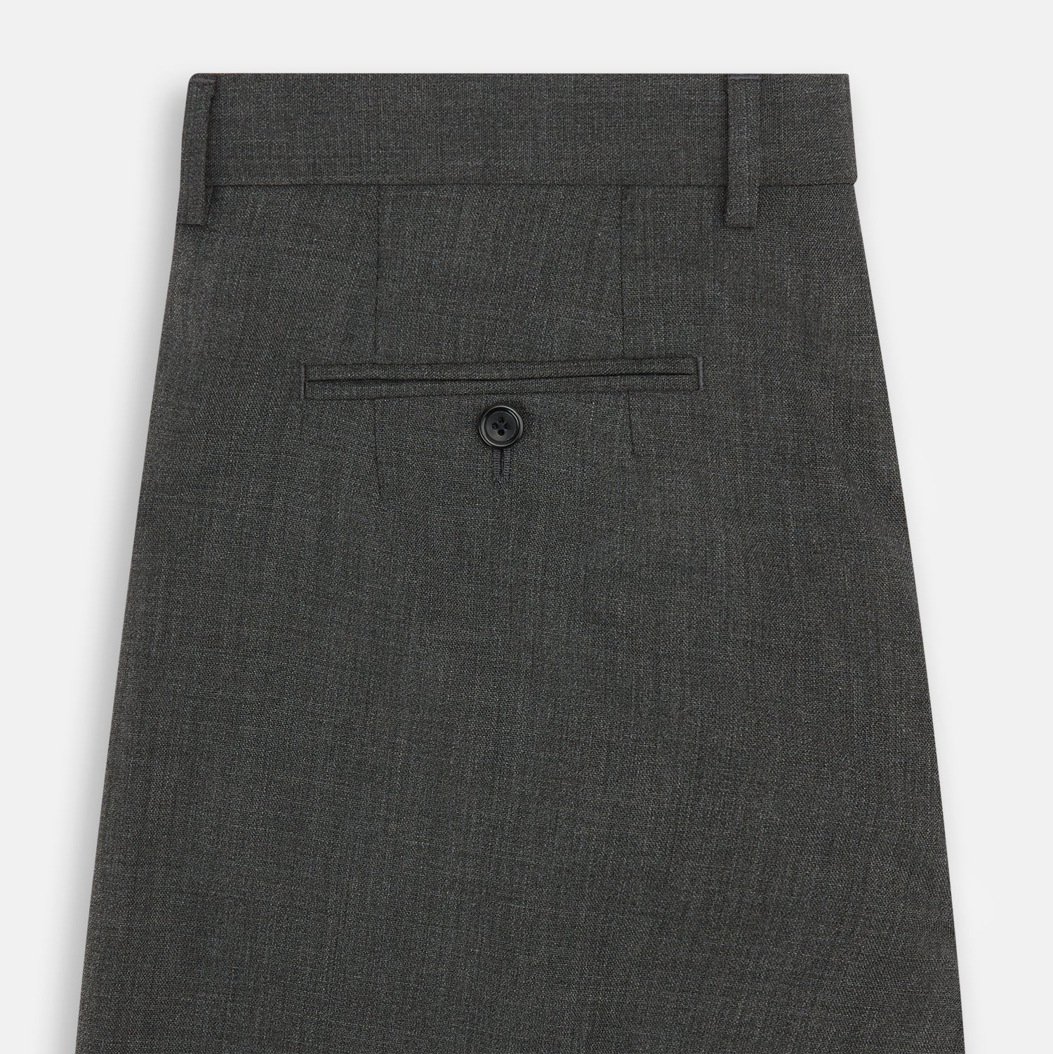 View 4 of product The Turnbull & Asser Charcoal Rupert Trousers, crafted from wool and cashmere with belt loops, button closure, and a slim tailored fit, are shown against a plain white background.