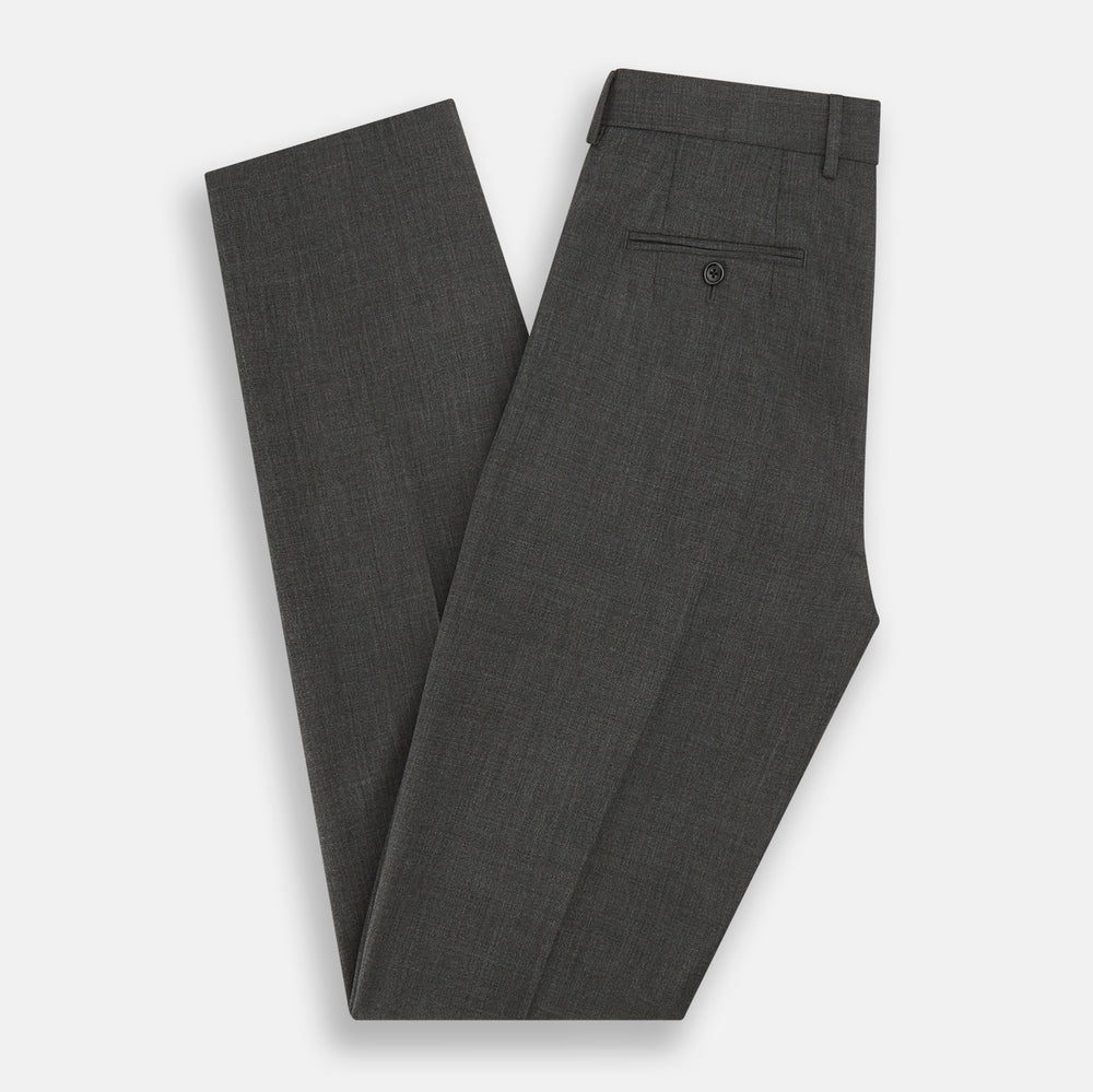 The Turnbull & Asser Charcoal Rupert Trousers, crafted from wool and cashmere with belt loops, button closure, and a slim tailored fit, are shown against a plain white background.