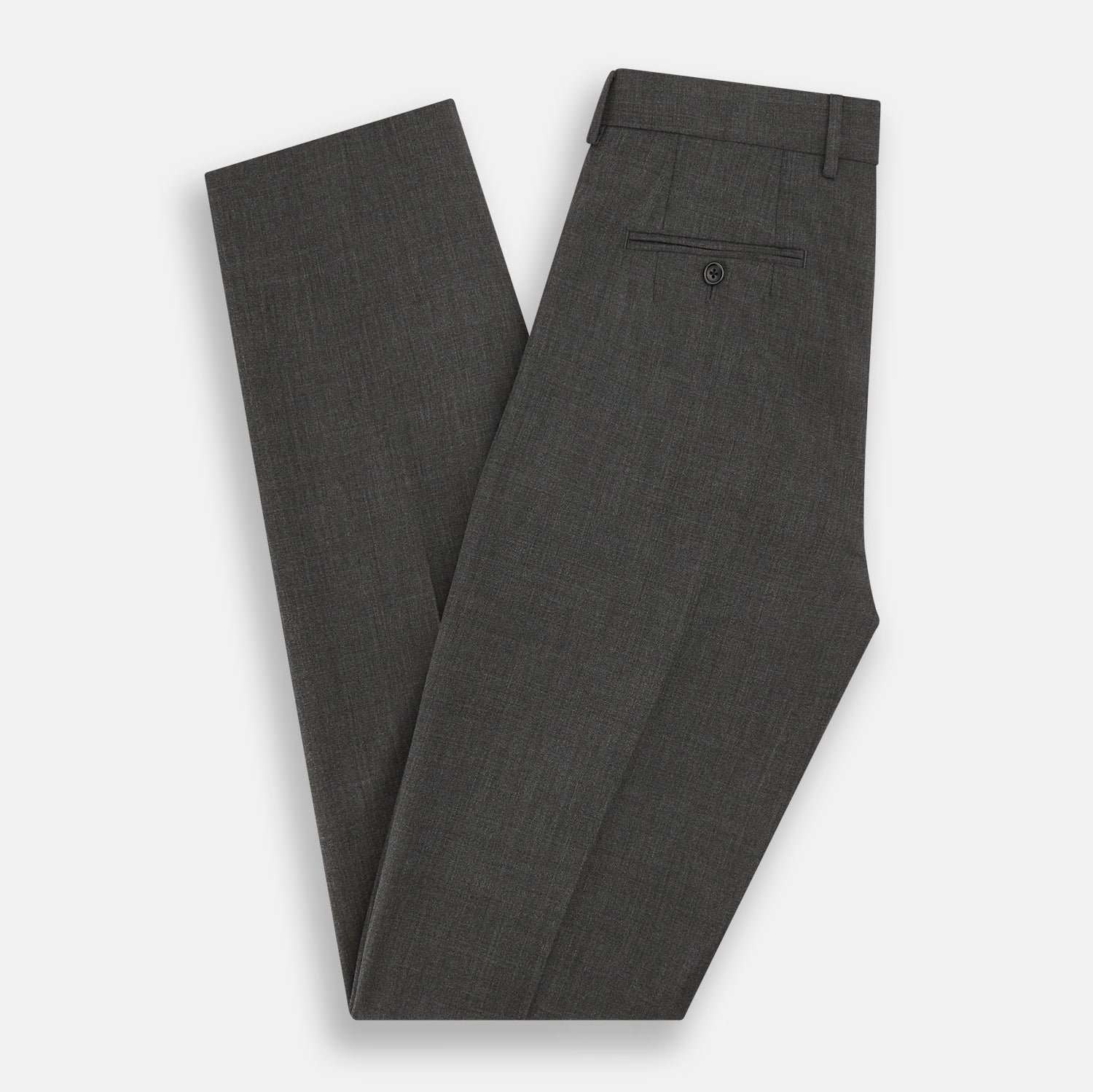 View 5 of product The Turnbull & Asser Charcoal Rupert Trousers, crafted from wool and cashmere with belt loops, button closure, and a slim tailored fit, are shown against a plain white background.