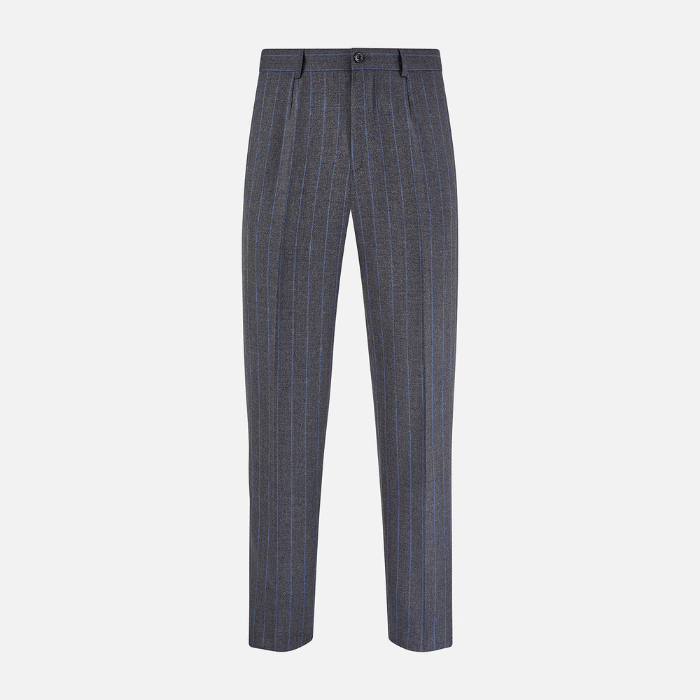 Turnbull & Asser Grey Pinstripe Rupert Trousers featuring vertical white pinstripes, belt loops, side pockets, and a front button and zipper closure, shown on a plain white background.
