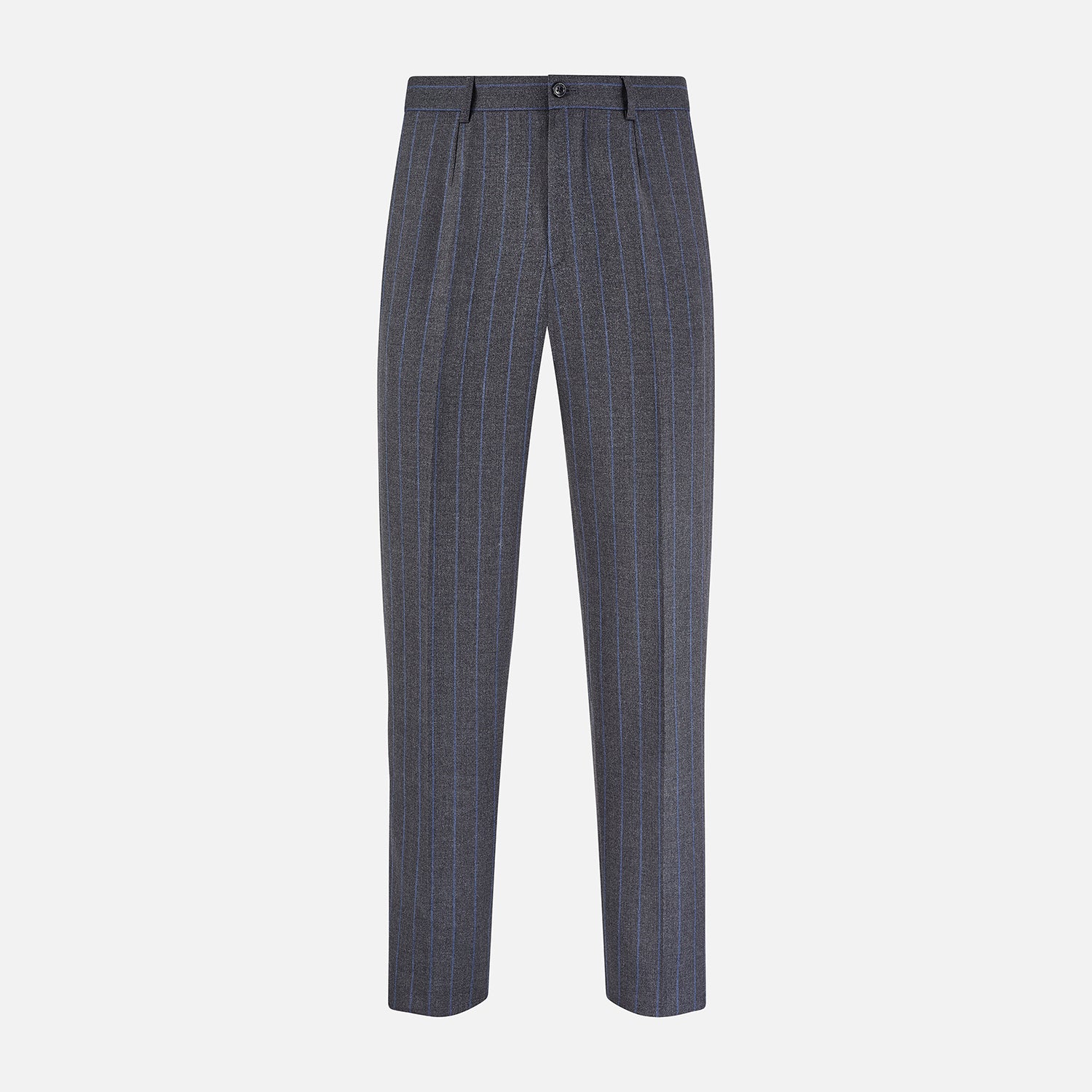 View 1 of product Turnbull & Asser Grey Pinstripe Rupert Trousers featuring vertical white pinstripes, belt loops, side pockets, and a front button and zipper closure, shown on a plain white background.