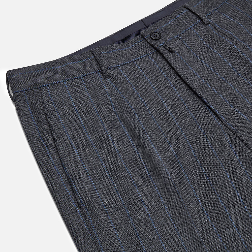 Turnbull & Asser Grey Pinstripe Rupert Trousers featuring vertical white pinstripes, belt loops, side pockets, and a front button and zipper closure, shown on a plain white background.