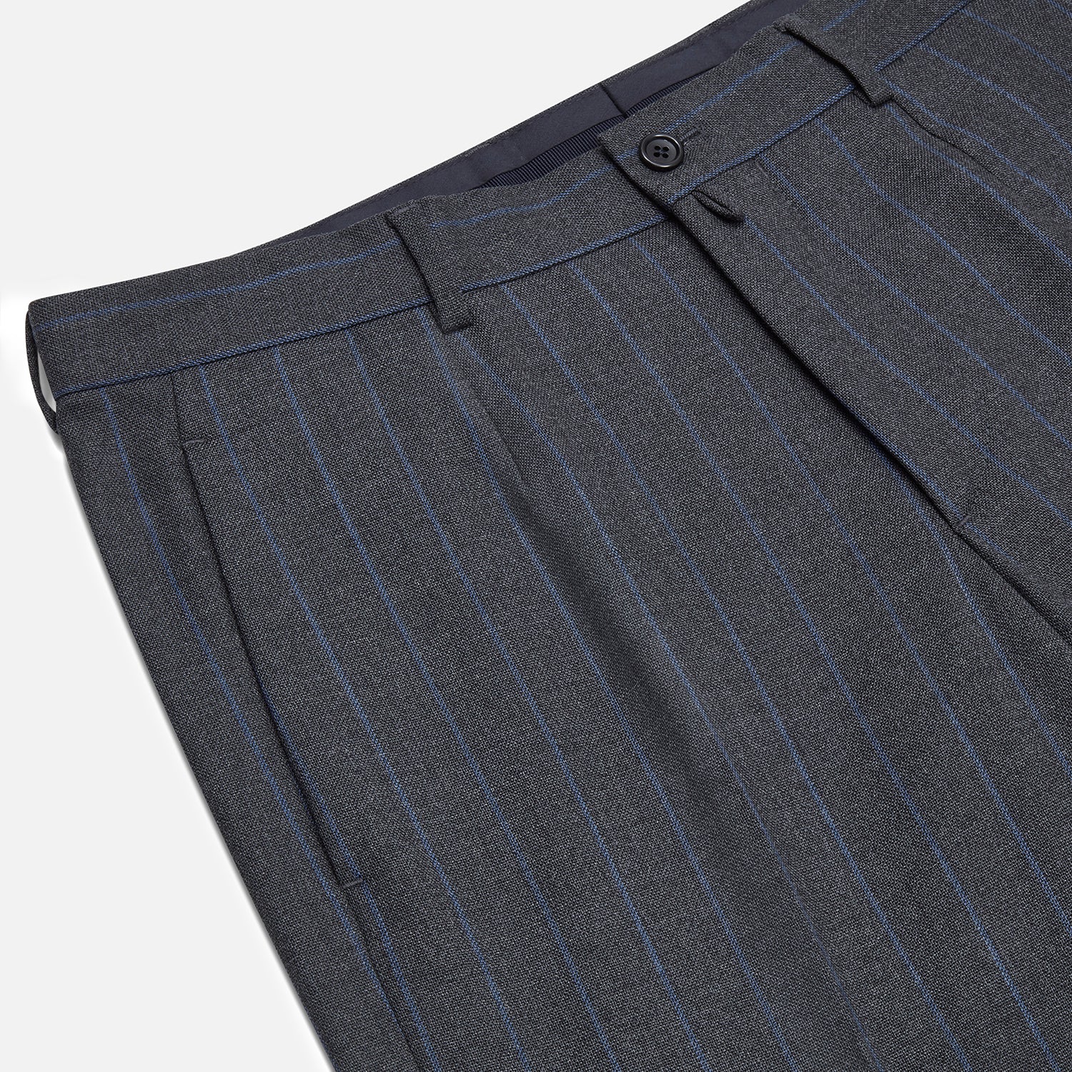 View 2 of product Turnbull & Asser Grey Pinstripe Rupert Trousers featuring vertical white pinstripes, belt loops, side pockets, and a front button and zipper closure, shown on a plain white background.