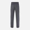 View 3 of product Turnbull & Asser Grey Pinstripe Rupert Trousers featuring vertical white pinstripes, belt loops, side pockets, and a front button and zipper closure, shown on a plain white background.