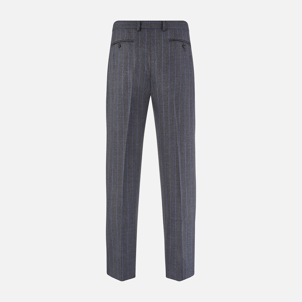 Turnbull & Asser Grey Pinstripe Rupert Trousers featuring vertical white pinstripes, belt loops, side pockets, and a front button and zipper closure, shown on a plain white background.