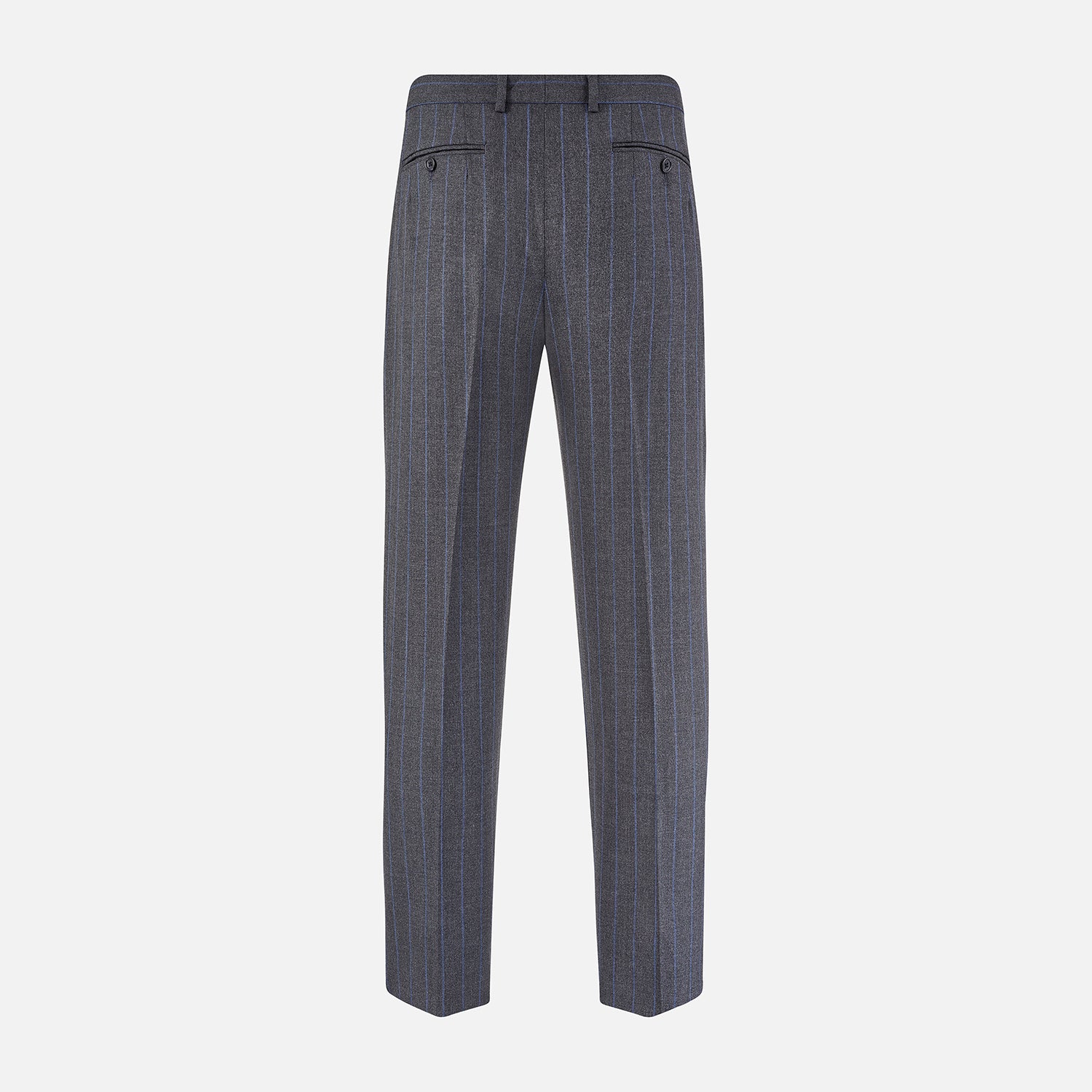 View 3 of product Turnbull & Asser Grey Pinstripe Rupert Trousers featuring vertical white pinstripes, belt loops, side pockets, and a front button and zipper closure, shown on a plain white background.