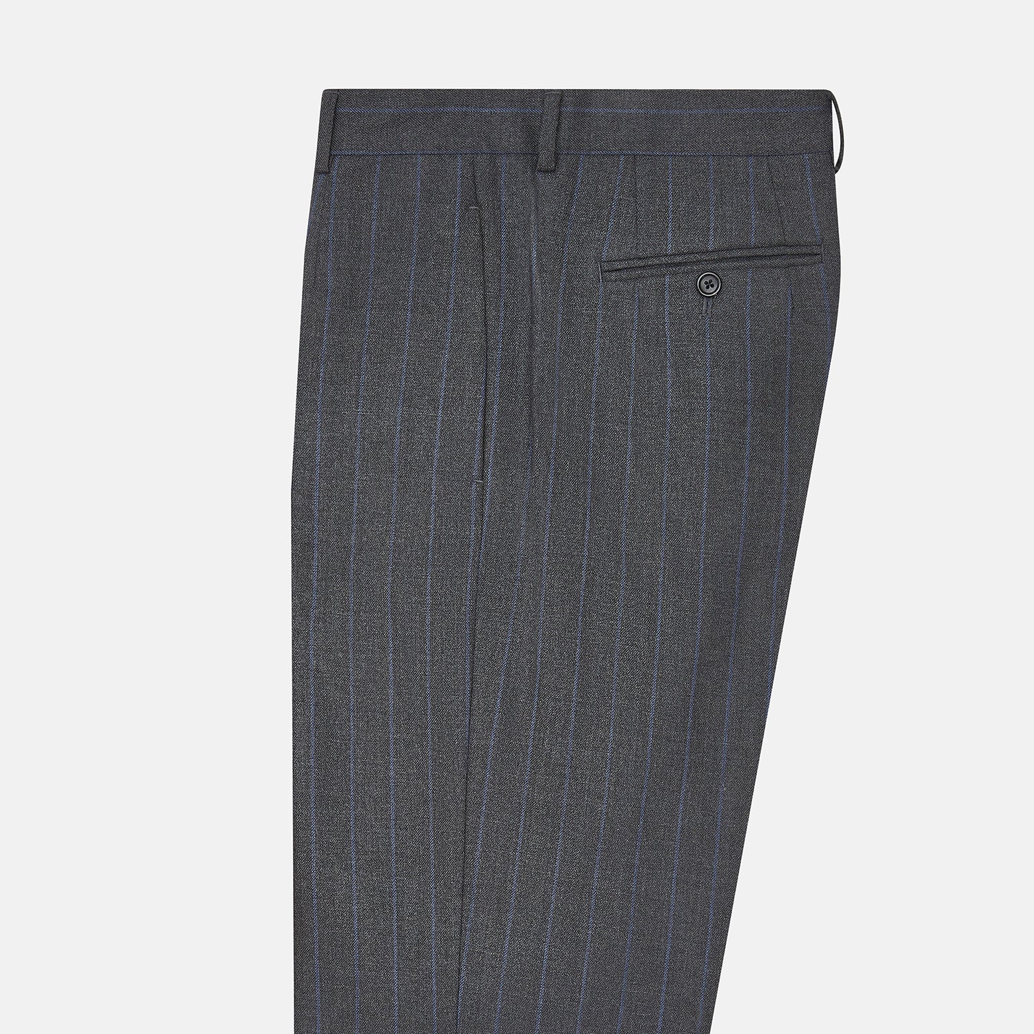 View 4 of product Turnbull & Asser Grey Pinstripe Rupert Trousers featuring vertical white pinstripes, belt loops, side pockets, and a front button and zipper closure, shown on a plain white background.