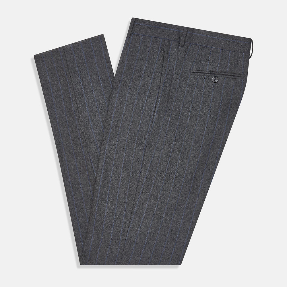 Turnbull & Asser Grey Pinstripe Rupert Trousers featuring vertical white pinstripes, belt loops, side pockets, and a front button and zipper closure, shown on a plain white background.