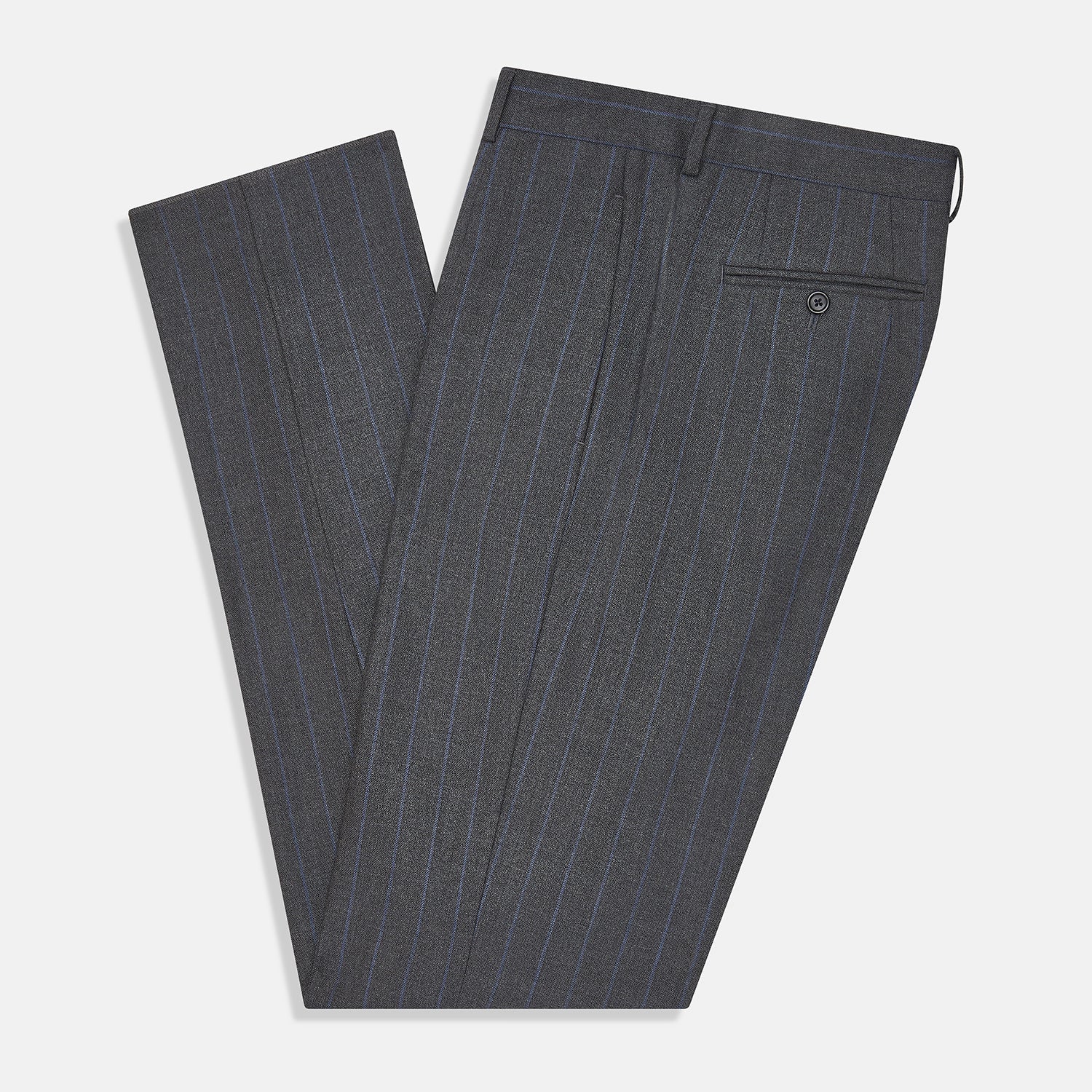 View 5 of product Turnbull & Asser Grey Pinstripe Rupert Trousers featuring vertical white pinstripes, belt loops, side pockets, and a front button and zipper closure, shown on a plain white background.