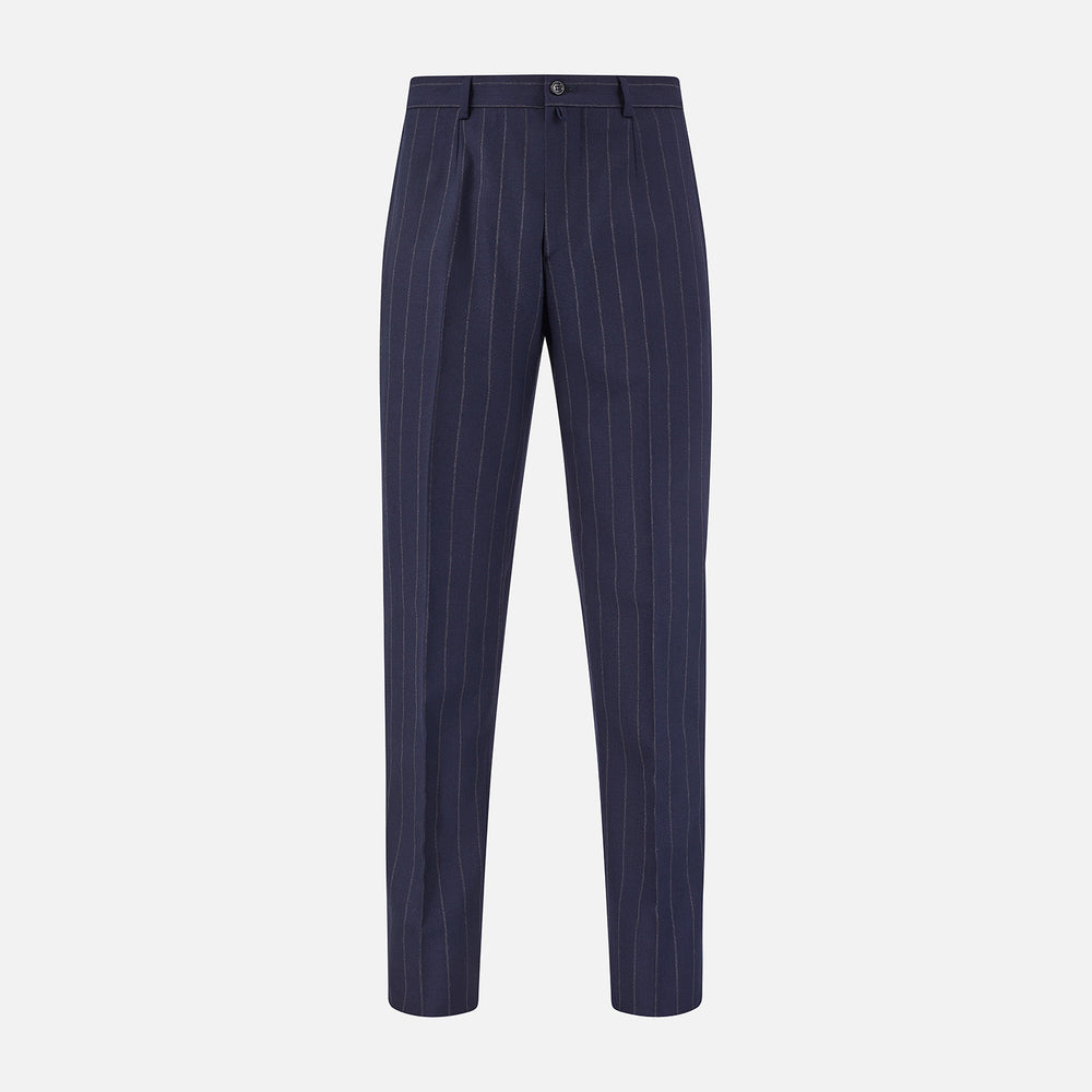 Turnbull & Asser Navy Pinstripe Rupert Trousers, crafted from fine Italian wool with a straight-leg fit, belt loops, side pockets, and front button closure, are displayed on a plain white background.