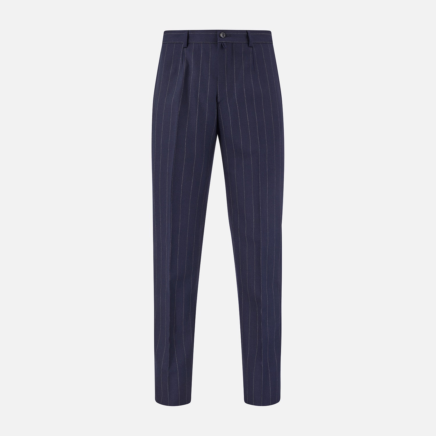 View 1 of product Turnbull & Asser Navy Pinstripe Rupert Trousers, crafted from fine Italian wool with a straight-leg fit, belt loops, side pockets, and front button closure, are displayed on a plain white background.