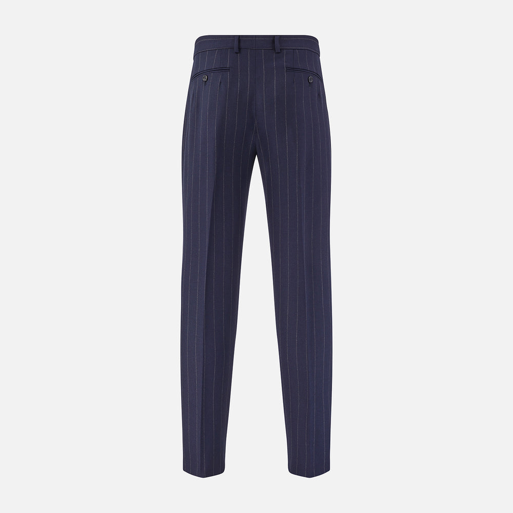 Turnbull & Asser Navy Pinstripe Rupert Trousers, crafted from fine Italian wool with a straight-leg fit, belt loops, side pockets, and front button closure, are displayed on a plain white background.
