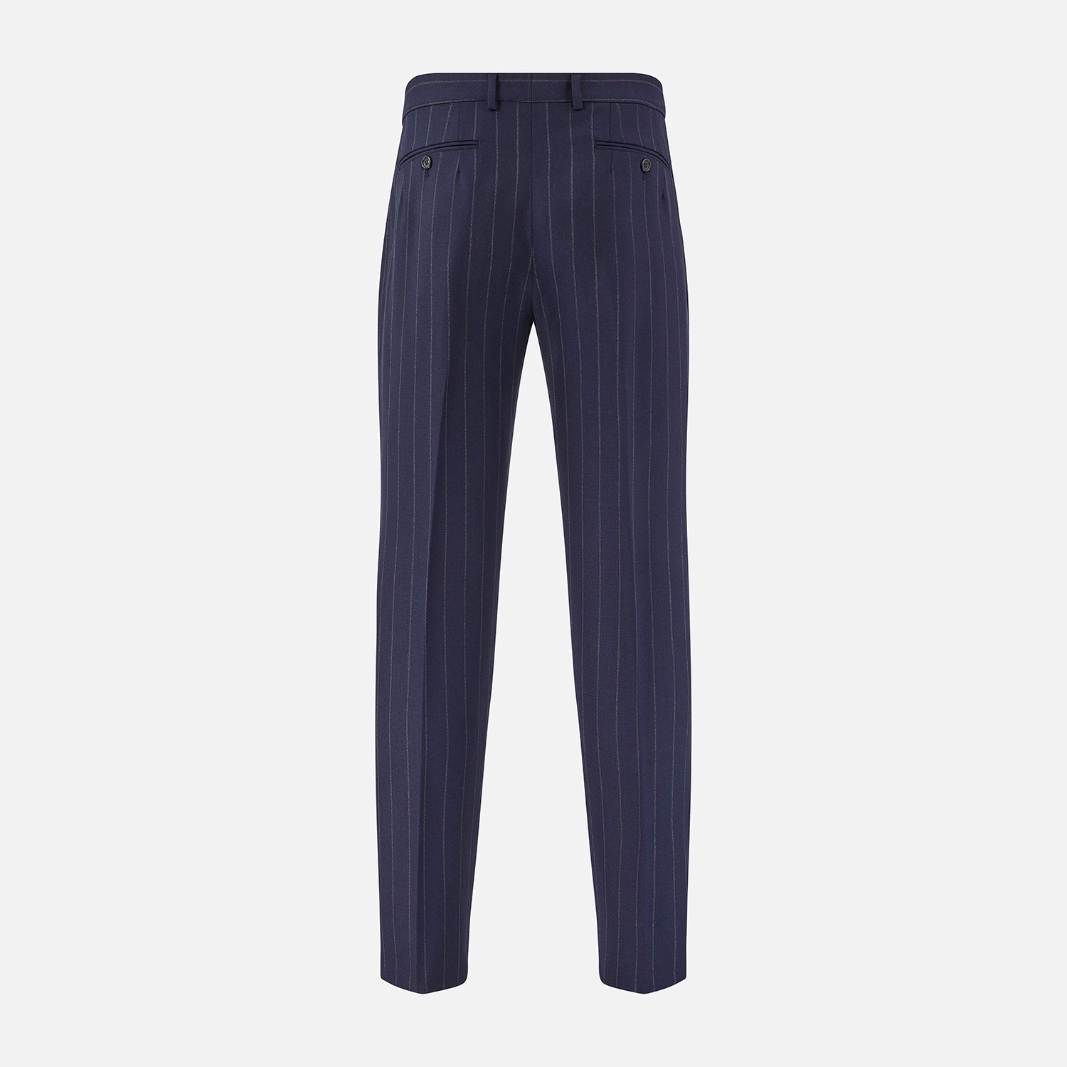View 3 of product Turnbull & Asser Navy Pinstripe Rupert Trousers, crafted from fine Italian wool with a straight-leg fit, belt loops, side pockets, and front button closure, are displayed on a plain white background.