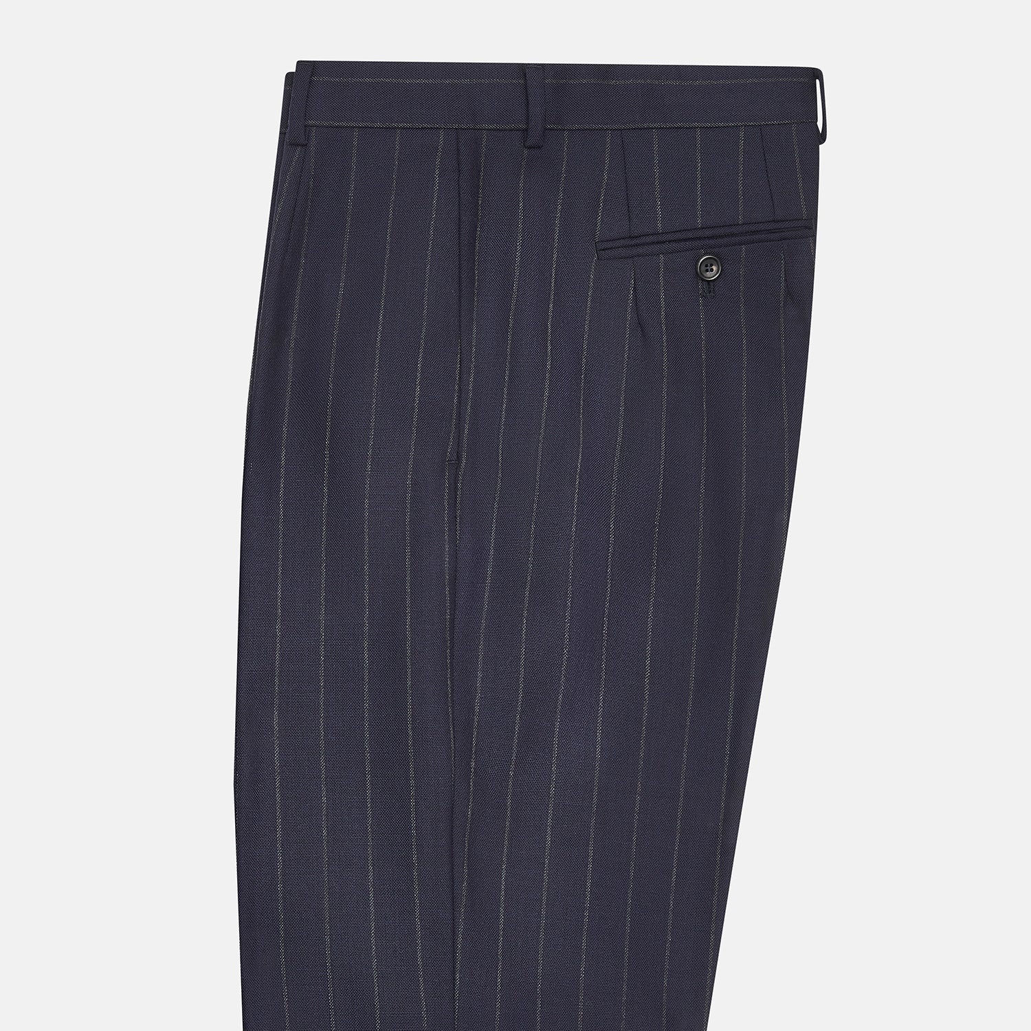 View 4 of product Turnbull & Asser Navy Pinstripe Rupert Trousers, crafted from fine Italian wool with a straight-leg fit, belt loops, side pockets, and front button closure, are displayed on a plain white background.
