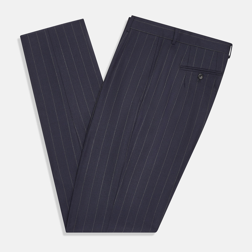 Turnbull & Asser Navy Pinstripe Rupert Trousers, crafted from fine Italian wool with a straight-leg fit, belt loops, side pockets, and front button closure, are displayed on a plain white background.