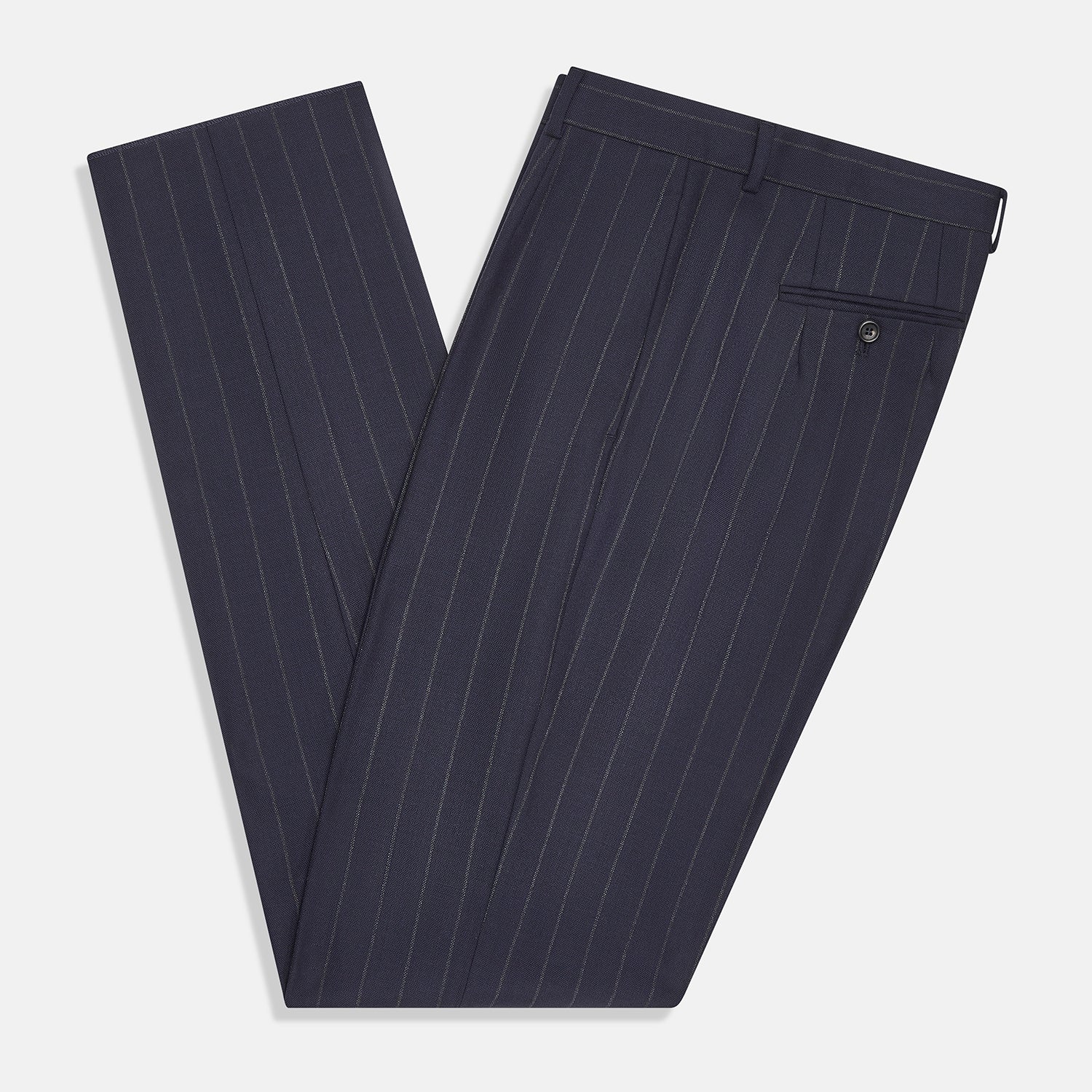 View 5 of product Turnbull & Asser Navy Pinstripe Rupert Trousers, crafted from fine Italian wool with a straight-leg fit, belt loops, side pockets, and front button closure, are displayed on a plain white background.