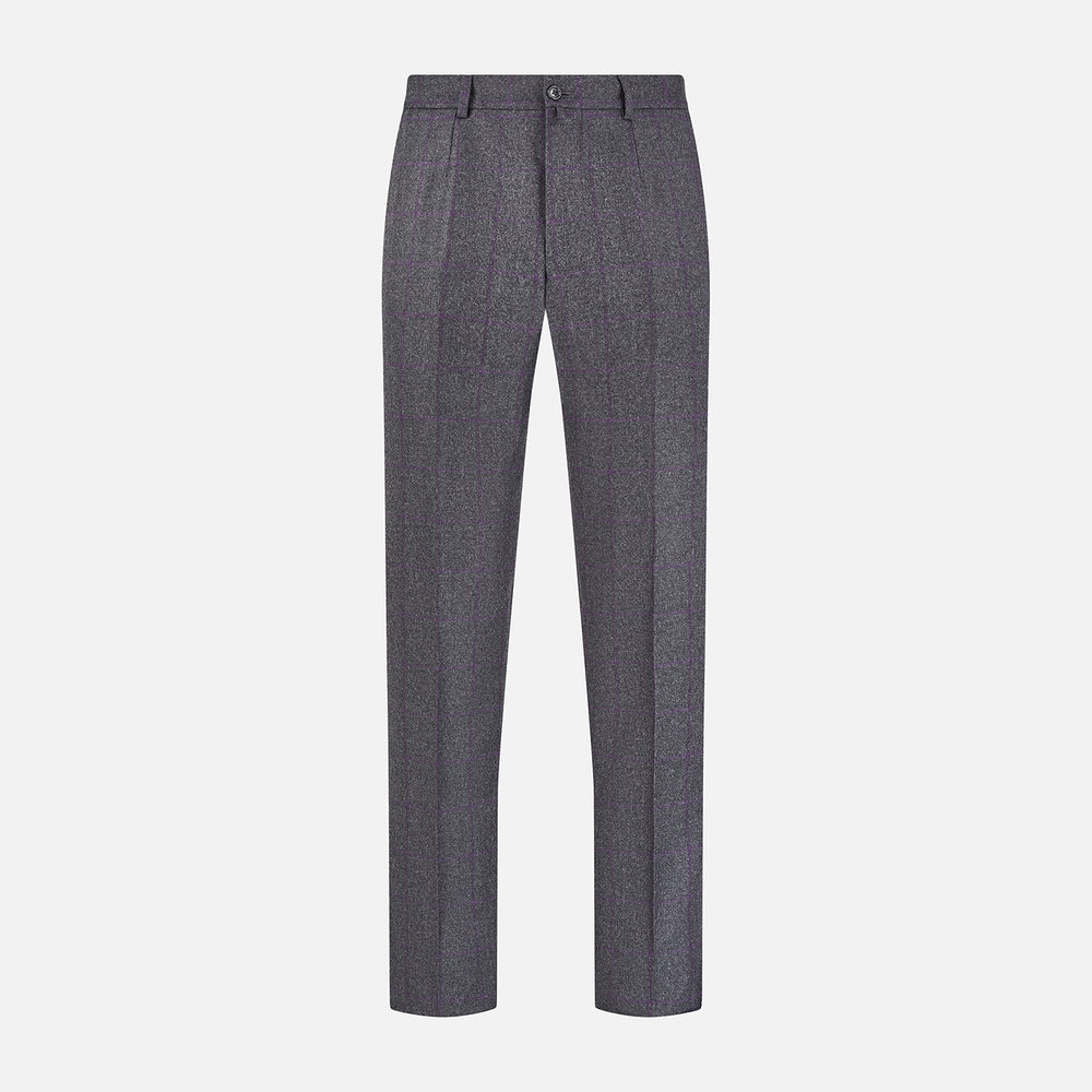 Turnbull & Asser Charcoal and Purple Check Rupert Trousers feature a tailored fit, belt loops, front crease, and button closure, shown on a plain white background.