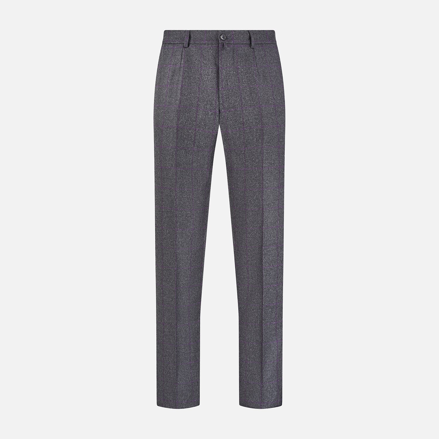 View 1 of product Turnbull & Asser Charcoal and Purple Check Rupert Trousers feature a tailored fit, belt loops, front crease, and button closure, shown on a plain white background.