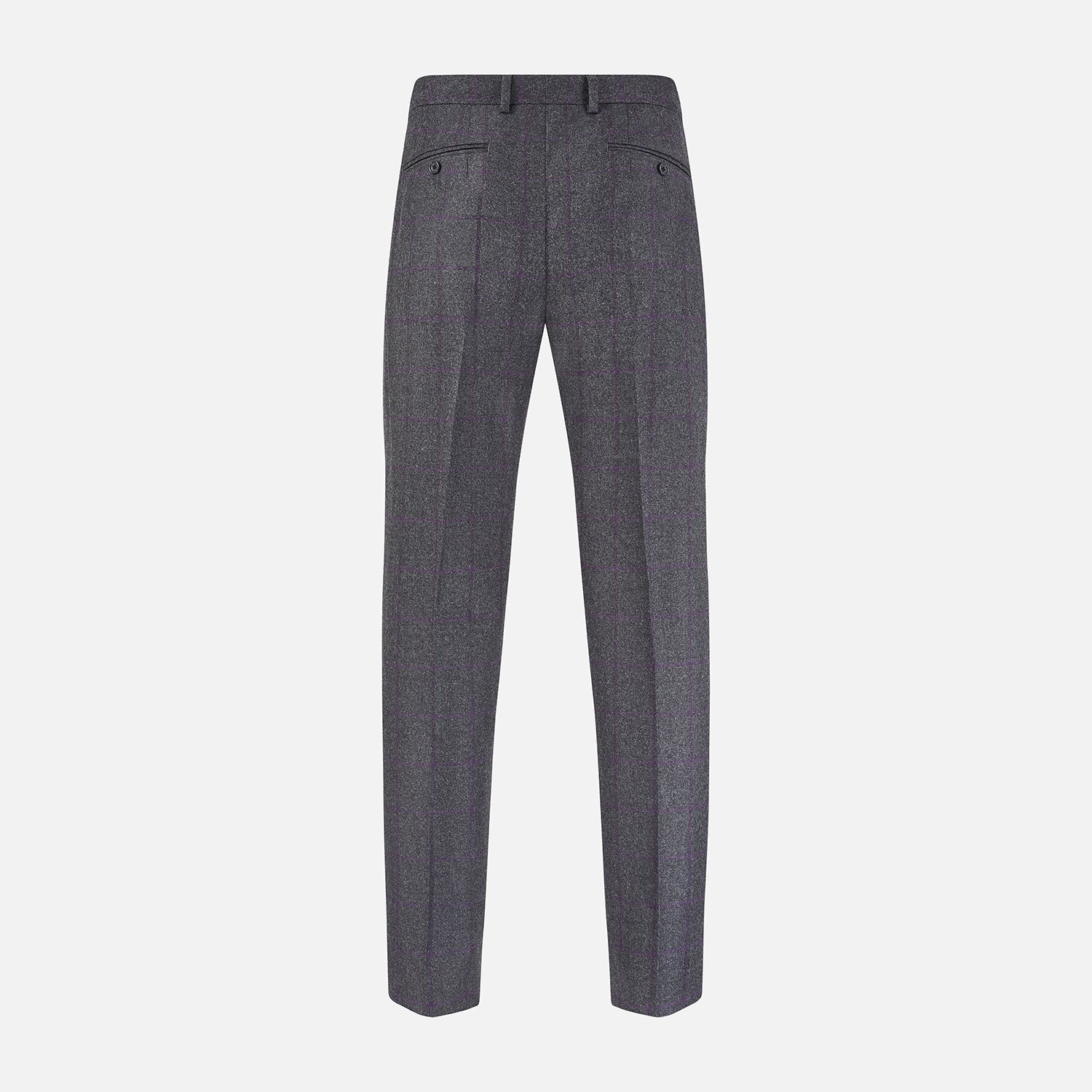 View 3 of product Turnbull & Asser Charcoal and Purple Check Rupert Trousers feature a tailored fit, belt loops, front crease, and button closure, shown on a plain white background.