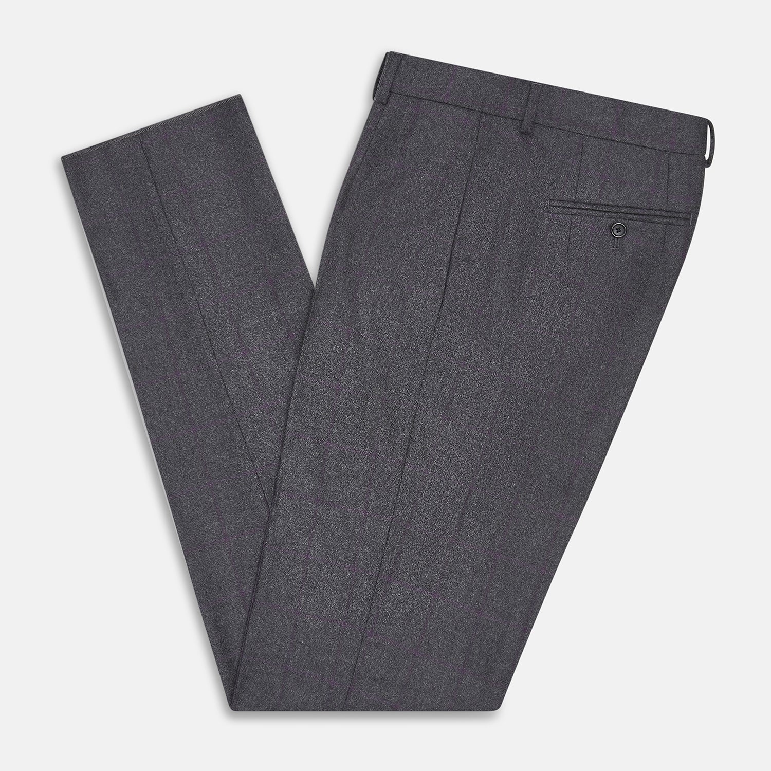 View 5 of product Turnbull & Asser Charcoal and Purple Check Rupert Trousers feature a tailored fit, belt loops, front crease, and button closure, shown on a plain white background.
