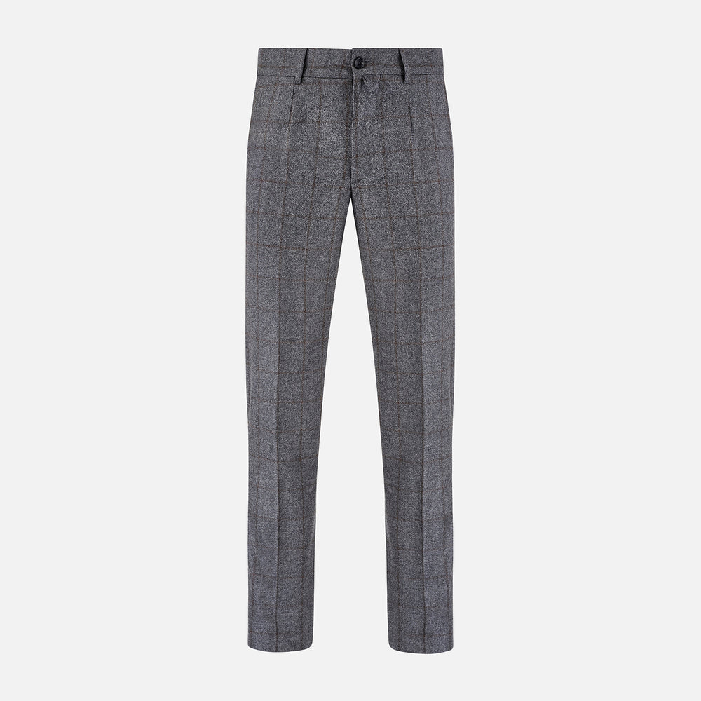 Turnbull & Asser's Grey and Brown Check Rupert Trousers, crafted from a luxurious wool-cashmere blend with front button and zip closure, belt loops, and straight legs, are displayed against a plain white background.