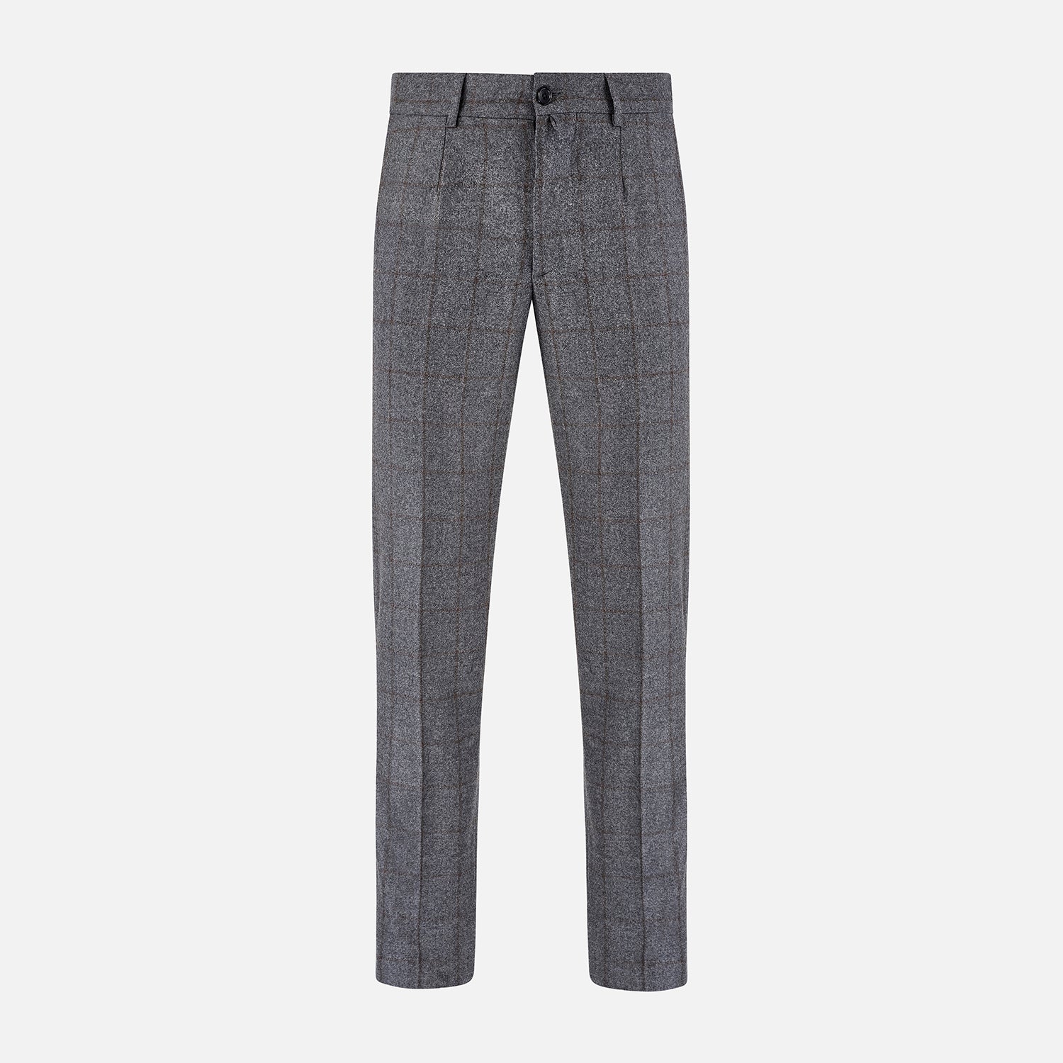 View 1 of product Turnbull & Asser's Grey and Brown Check Rupert Trousers, crafted from a luxurious wool-cashmere blend with front button and zip closure, belt loops, and straight legs, are displayed against a plain white background.