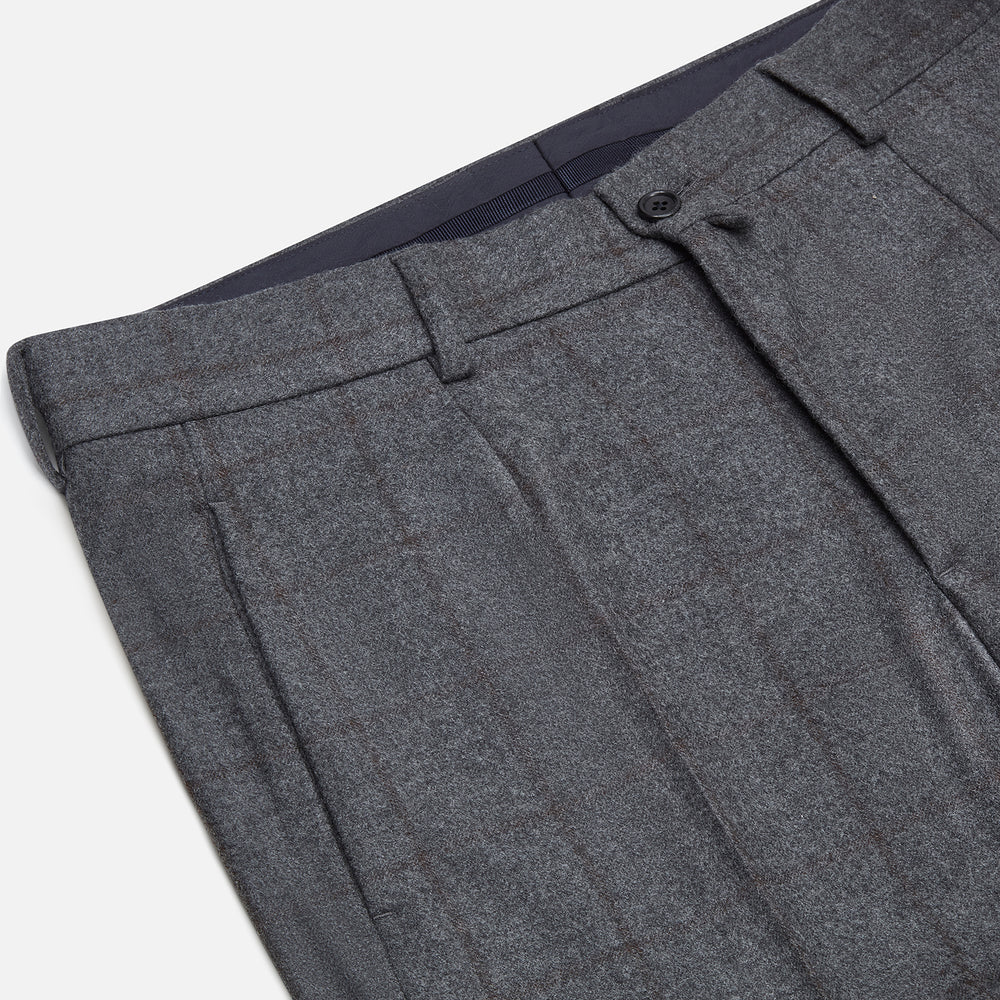 Turnbull & Asser's Grey and Brown Check Rupert Trousers, crafted from a luxurious wool-cashmere blend with front button and zip closure, belt loops, and straight legs, are displayed against a plain white background.