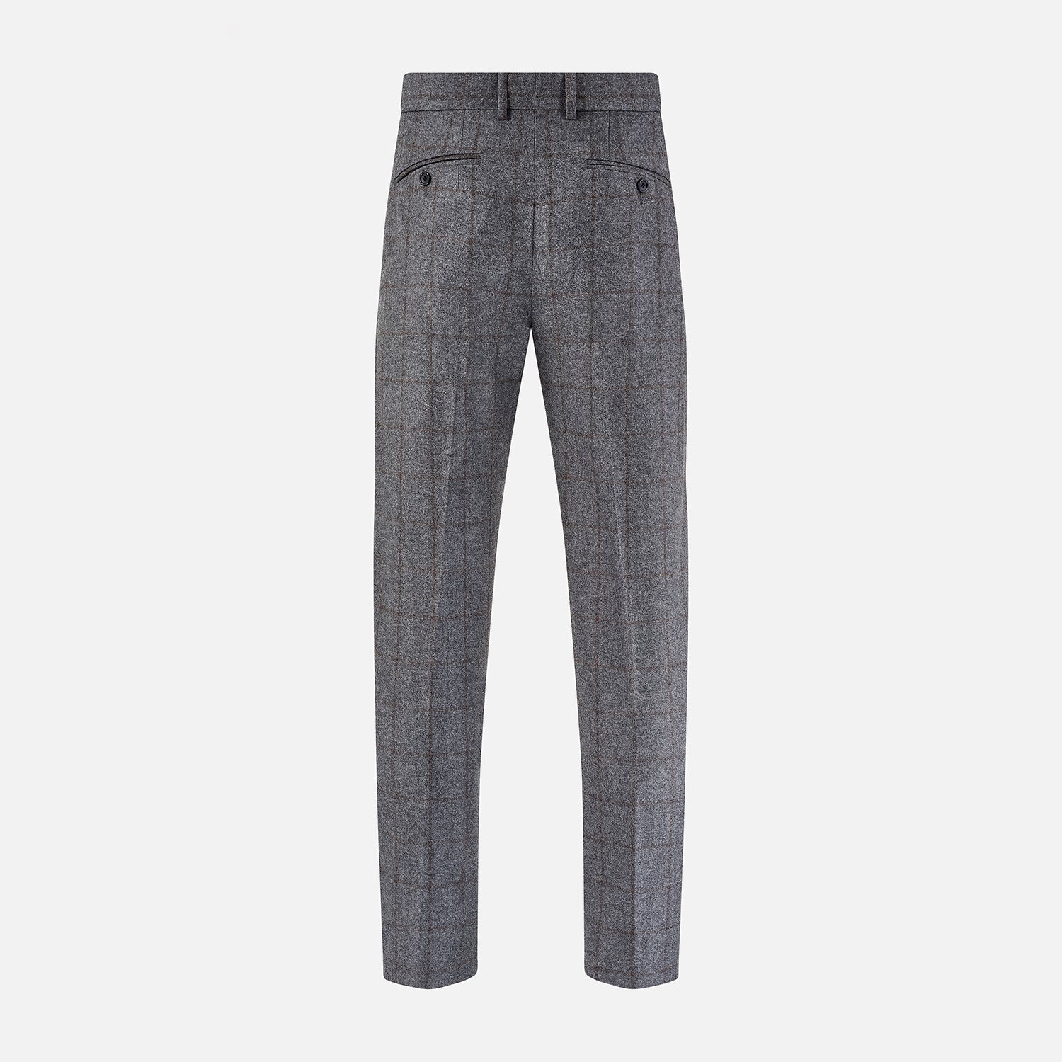 View 3 of product Turnbull & Asser's Grey and Brown Check Rupert Trousers, crafted from a luxurious wool-cashmere blend with front button and zip closure, belt loops, and straight legs, are displayed against a plain white background.