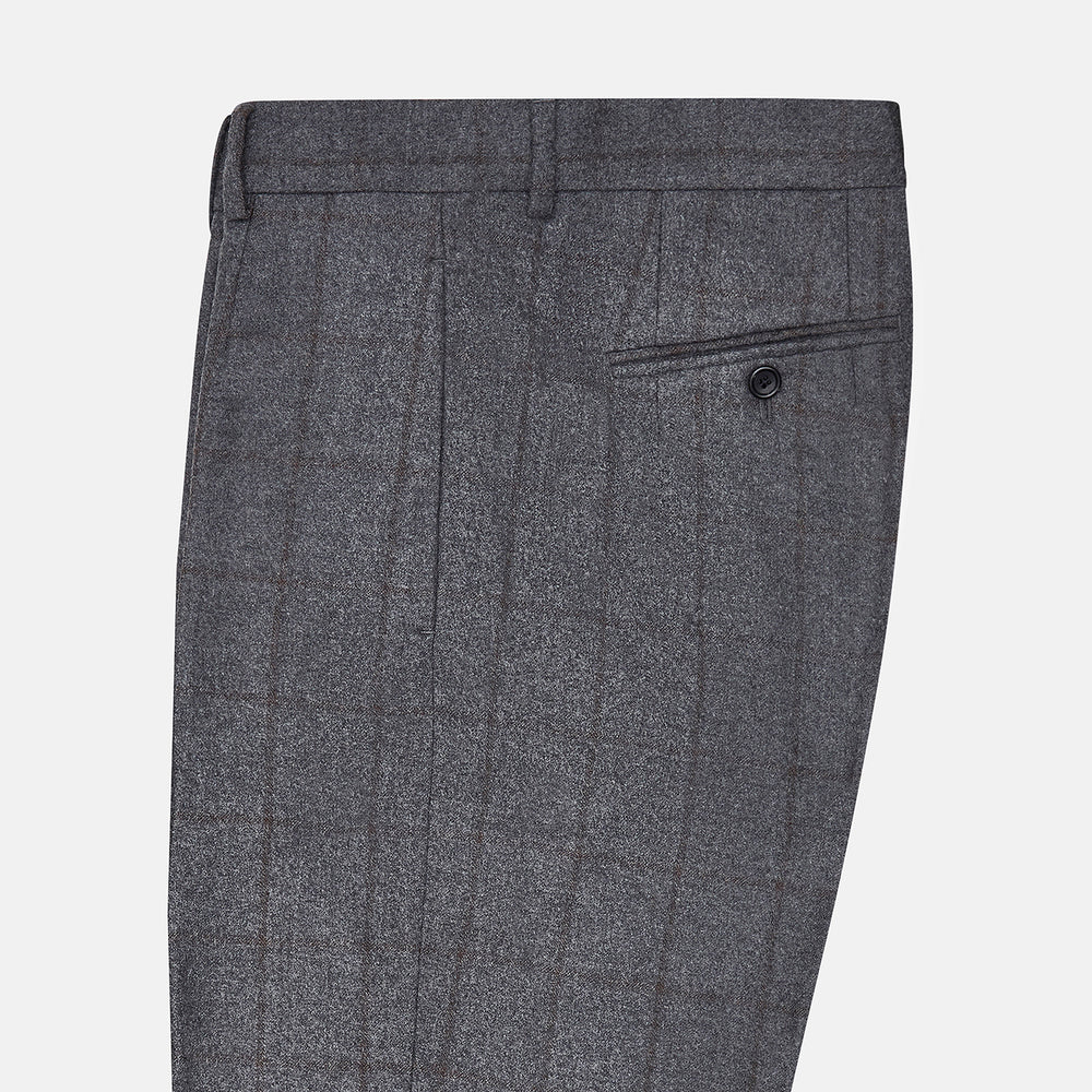 Turnbull & Asser's Grey and Brown Check Rupert Trousers, crafted from a luxurious wool-cashmere blend with front button and zip closure, belt loops, and straight legs, are displayed against a plain white background.