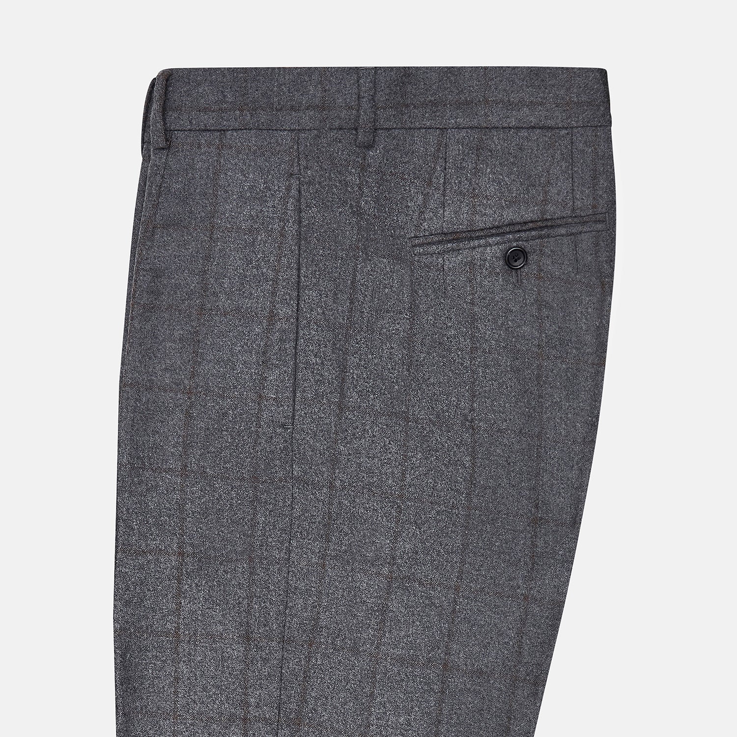 View 4 of product Turnbull & Asser's Grey and Brown Check Rupert Trousers, crafted from a luxurious wool-cashmere blend with front button and zip closure, belt loops, and straight legs, are displayed against a plain white background.