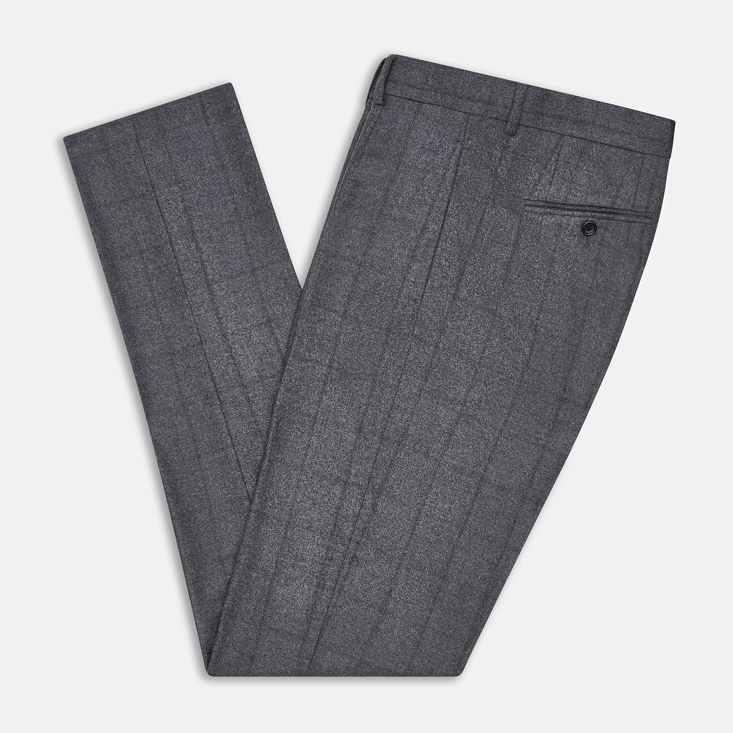 View 5 of product Turnbull & Asser's Grey and Brown Check Rupert Trousers, crafted from a luxurious wool-cashmere blend with front button and zip closure, belt loops, and straight legs, are displayed against a plain white background.