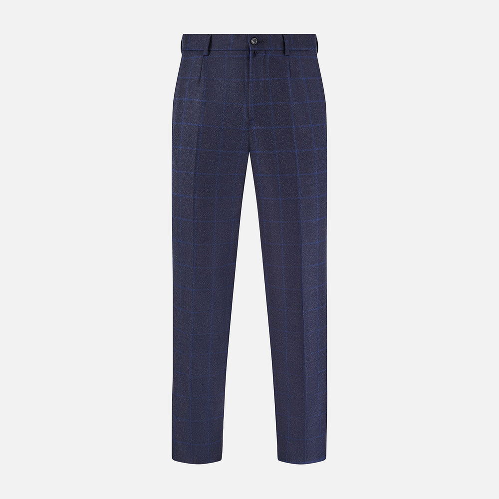 Turnbull & Asser Blue Checked Navy Rupert Trousers, crafted from a premium wool-cashmere blend, feature a subtle Prince of Wales check, belt loops, button closure, and straight legs. Shown on a plain white background.