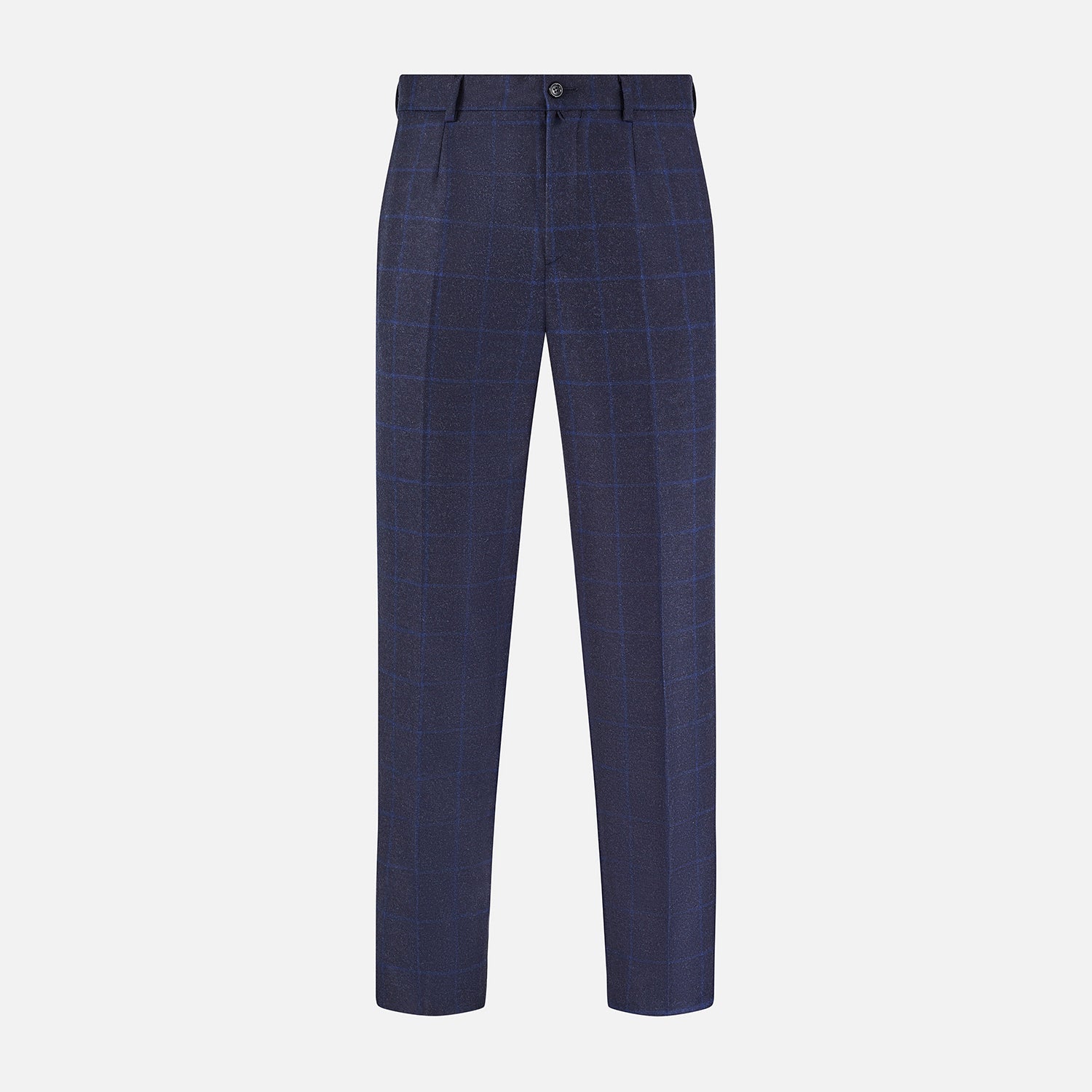 View 1 of product Turnbull & Asser Blue Checked Navy Rupert Trousers, crafted from a premium wool-cashmere blend, feature a subtle Prince of Wales check, belt loops, button closure, and straight legs. Shown on a plain white background.