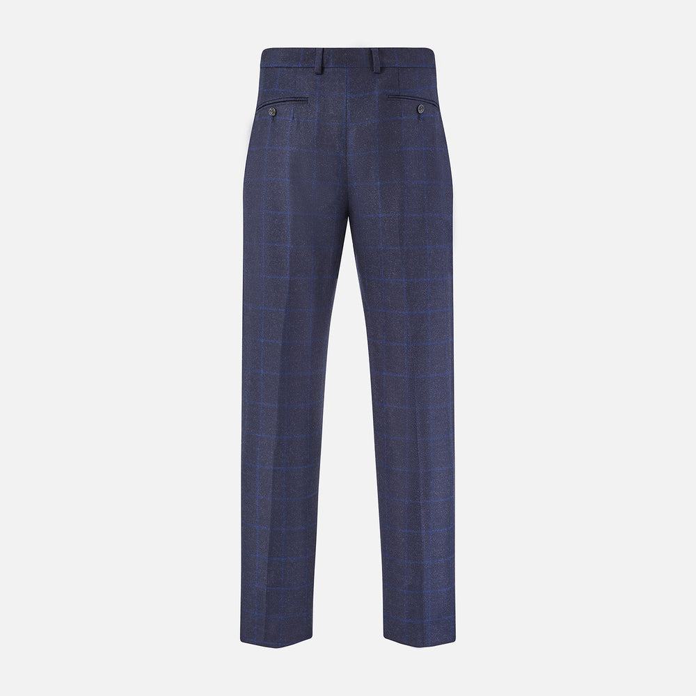 Turnbull & Asser Blue Checked Navy Rupert Trousers, crafted from a premium wool-cashmere blend, feature a subtle Prince of Wales check, belt loops, button closure, and straight legs. Shown on a plain white background.