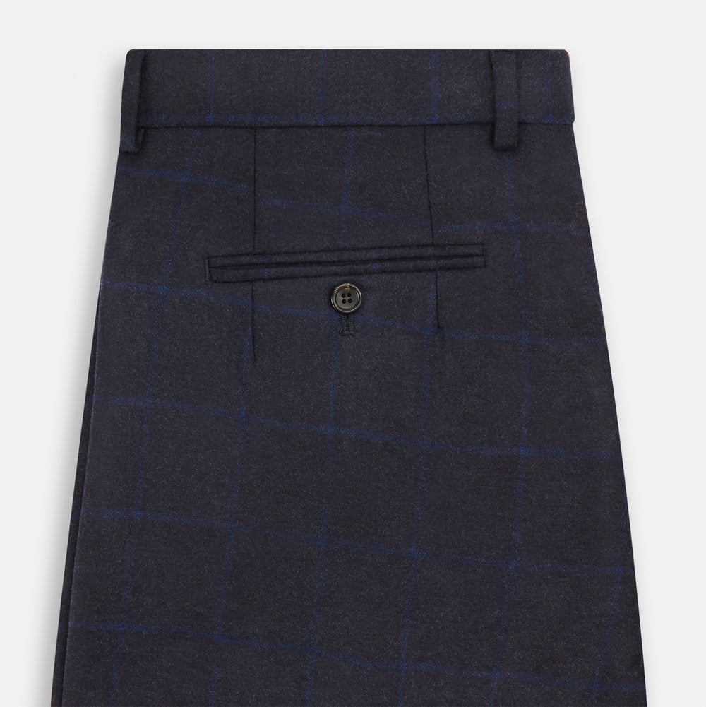 Turnbull & Asser Blue Checked Navy Rupert Trousers, crafted from a premium wool-cashmere blend, feature a subtle Prince of Wales check, belt loops, button closure, and straight legs. Shown on a plain white background.