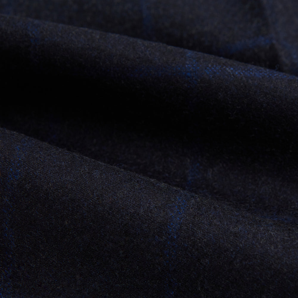 Turnbull & Asser Blue Checked Navy Rupert Trousers, crafted from a premium wool-cashmere blend, feature a subtle Prince of Wales check, belt loops, button closure, and straight legs. Shown on a plain white background.