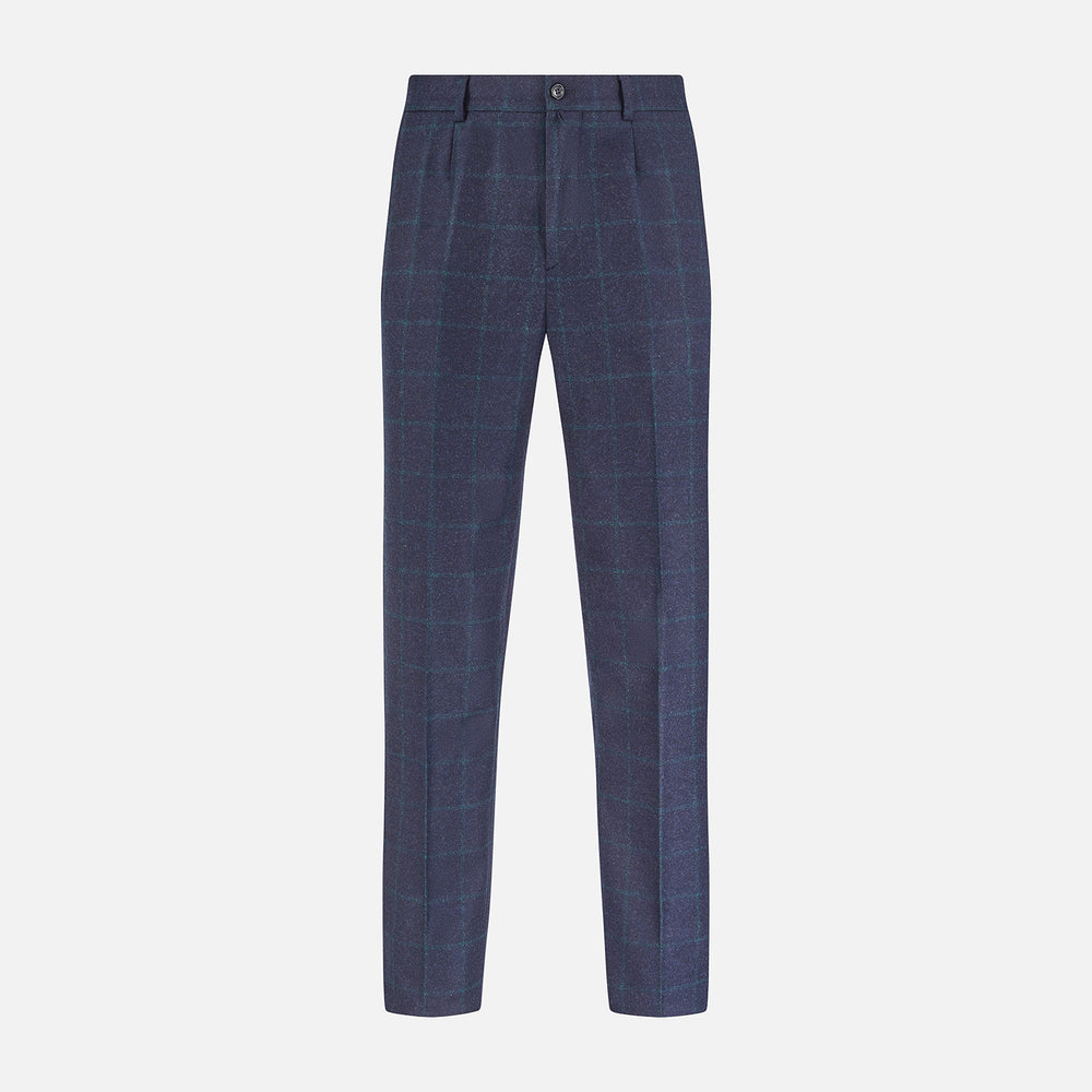 Turnbull & Asser’s Midnight and Green Check Rupert Trousers feature front pleats, belt loops, a button closure, and are finely crafted from wool and cashmere, shown against a plain white background.