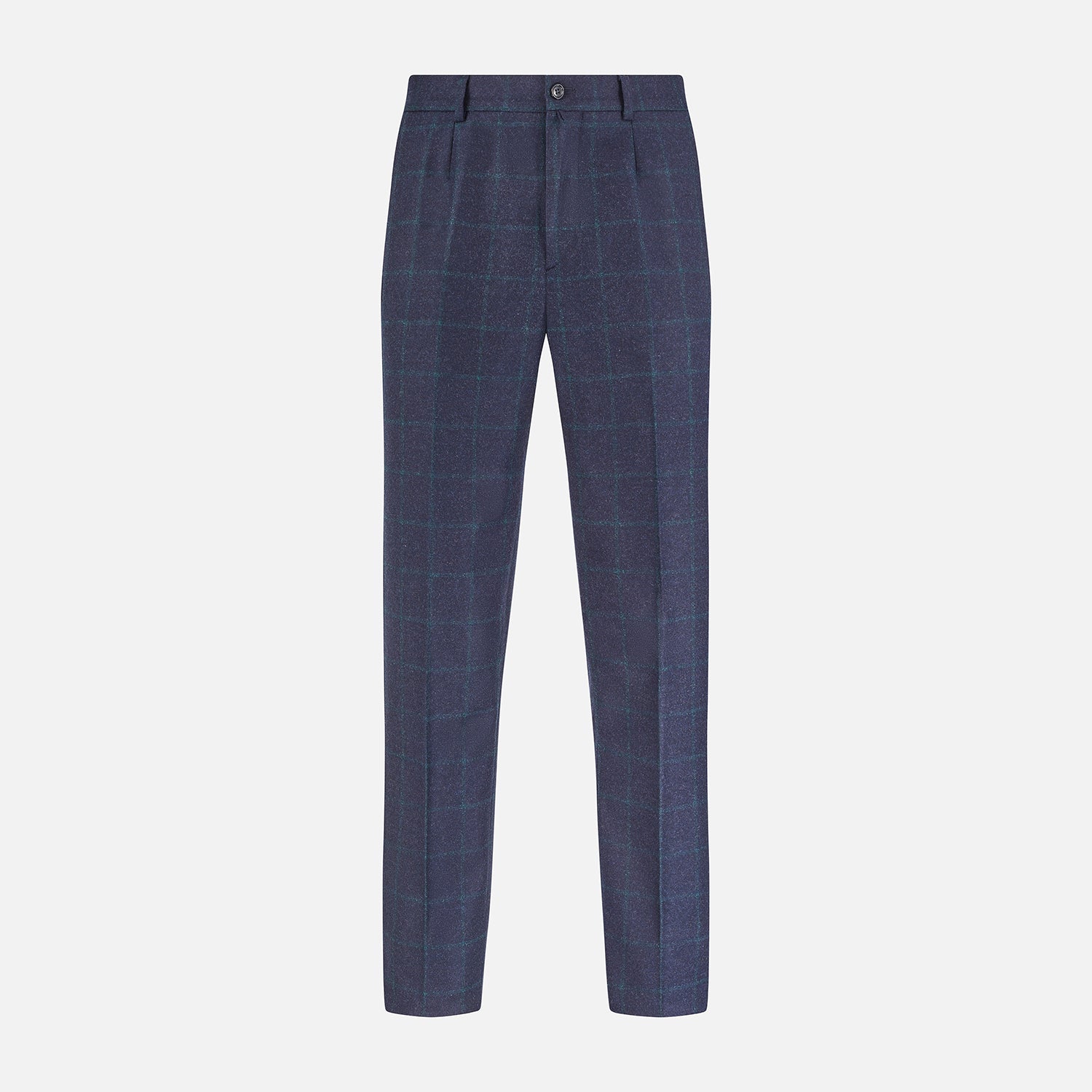 View 1 of product Turnbull & Asser’s Midnight and Green Check Rupert Trousers feature front pleats, belt loops, a button closure, and are finely crafted from wool and cashmere, shown against a plain white background.
