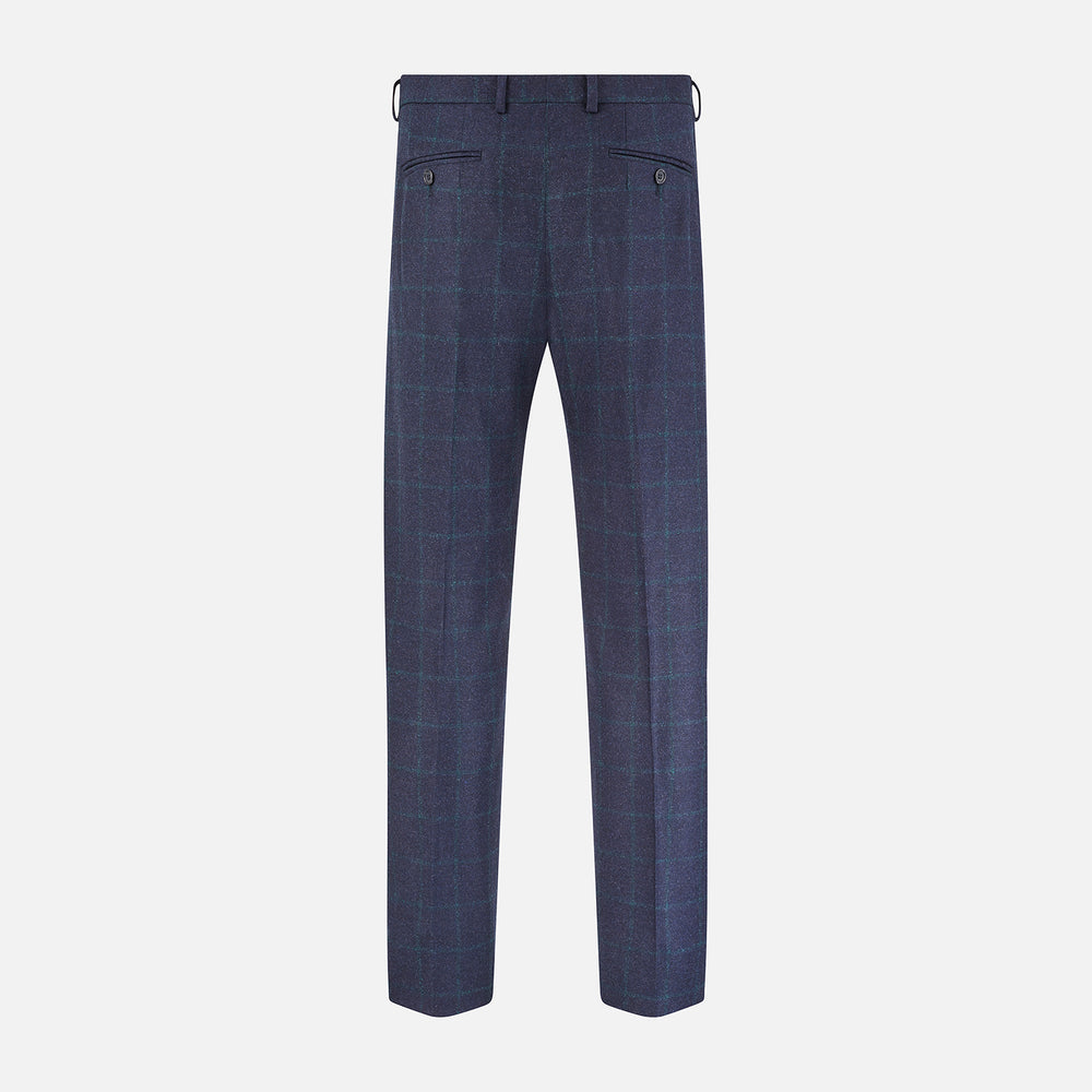 Turnbull & Asser’s Midnight and Green Check Rupert Trousers feature front pleats, belt loops, a button closure, and are finely crafted from wool and cashmere, shown against a plain white background.