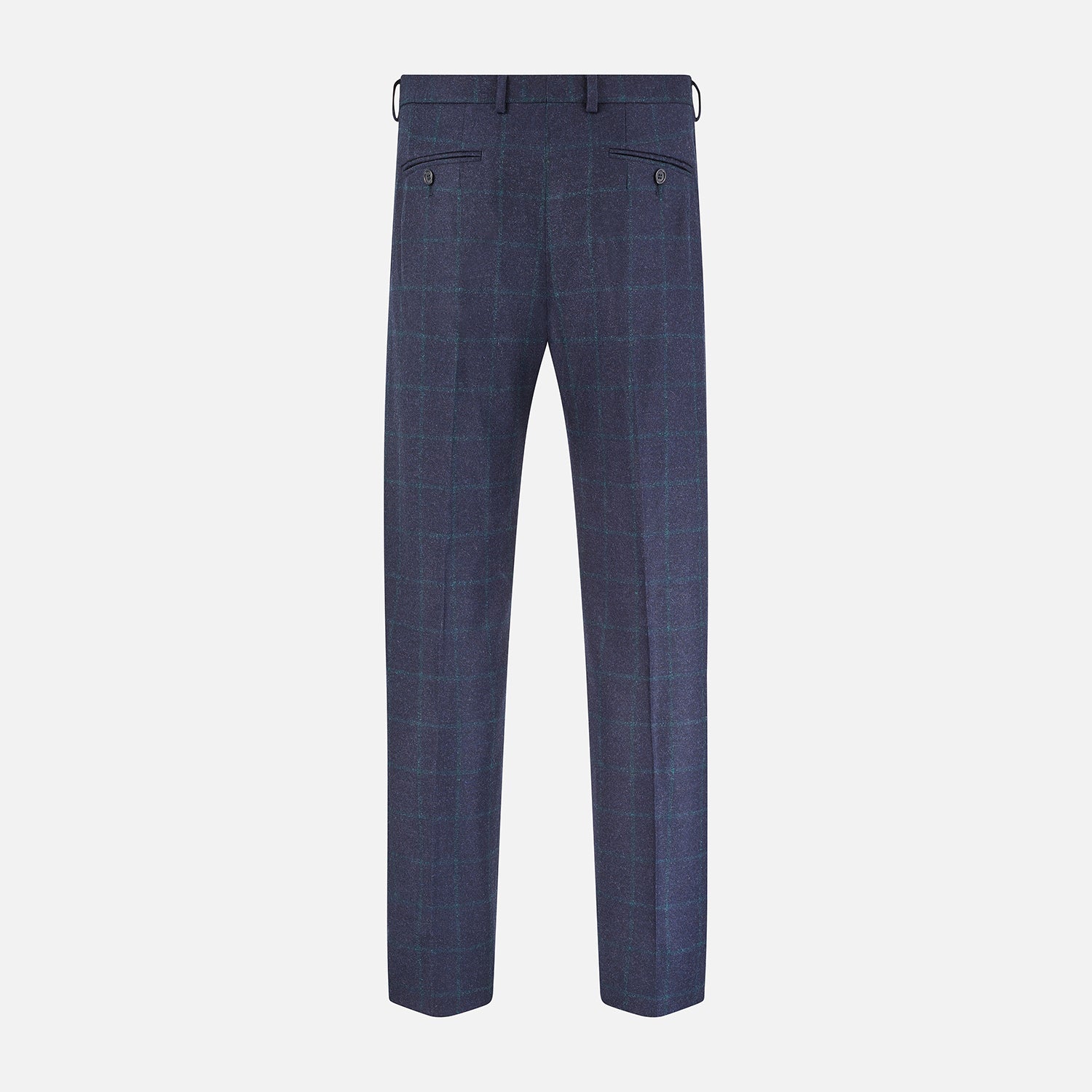 View 3 of product Turnbull & Asser’s Midnight and Green Check Rupert Trousers feature front pleats, belt loops, a button closure, and are finely crafted from wool and cashmere, shown against a plain white background.