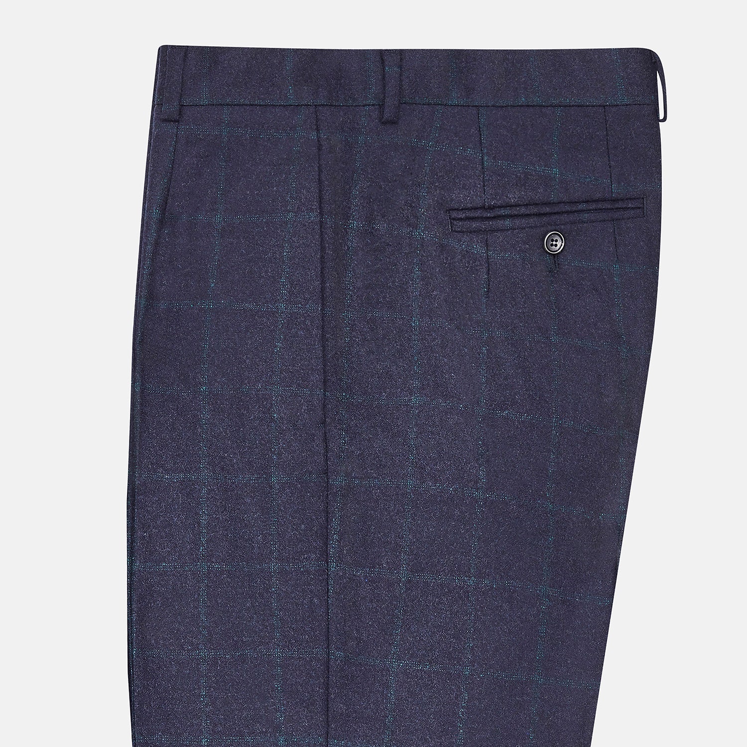 View 4 of product Turnbull & Asser’s Midnight and Green Check Rupert Trousers feature front pleats, belt loops, a button closure, and are finely crafted from wool and cashmere, shown against a plain white background.