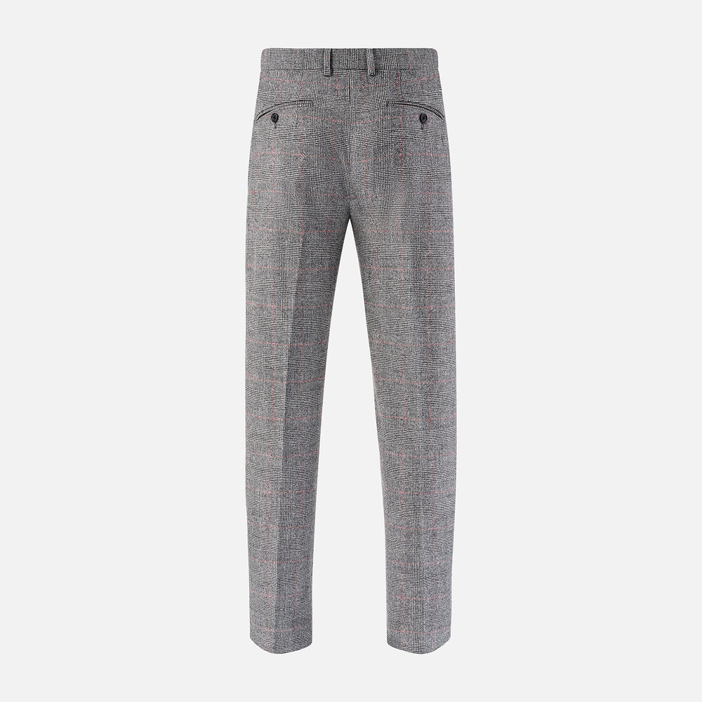 Turnbull & Asser's Grey and Red Check Rupert Trousers feature a tailored fit, straight-leg design, subtle red Prince of Wales check, and front button with zipper closure, displayed against a plain white background.