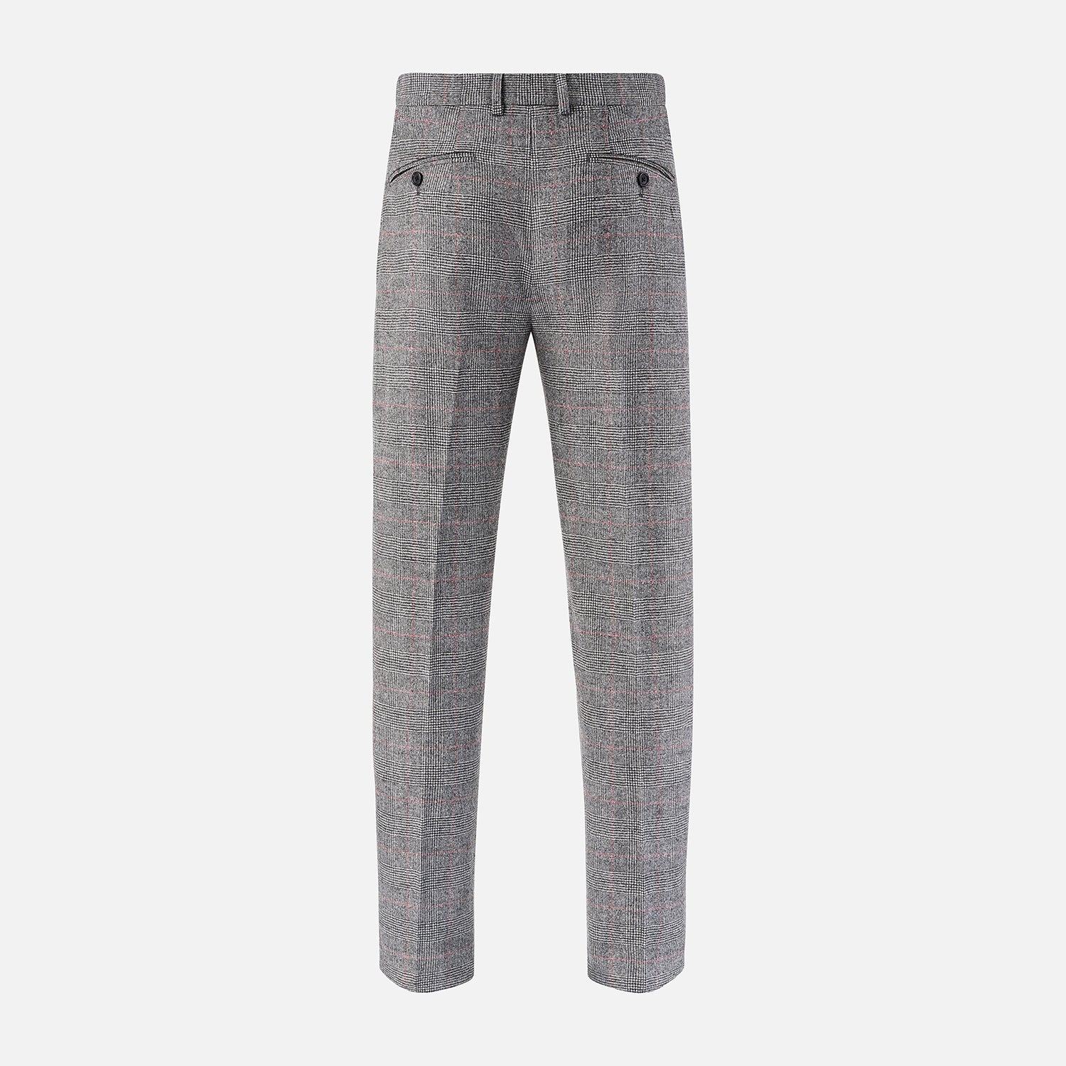 View 3 of product Turnbull & Asser's Grey and Red Check Rupert Trousers feature a tailored fit, straight-leg design, subtle red Prince of Wales check, and front button with zipper closure, displayed against a plain white background.